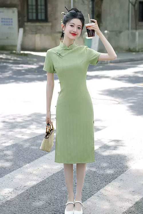 Cheongsam Qipao 1930s Cotton Linen Daily Green Qipao - juelei  蕨类
