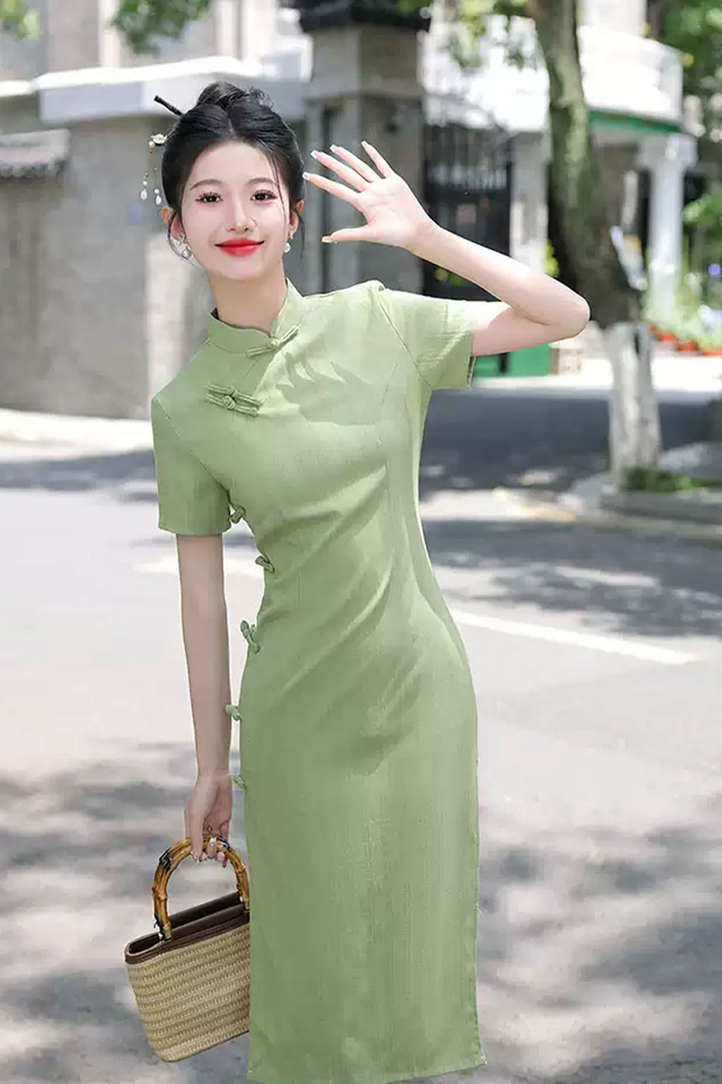 Cheongsam Qipao 1930s Cotton Linen Daily Green Qipao - juelei  蕨类