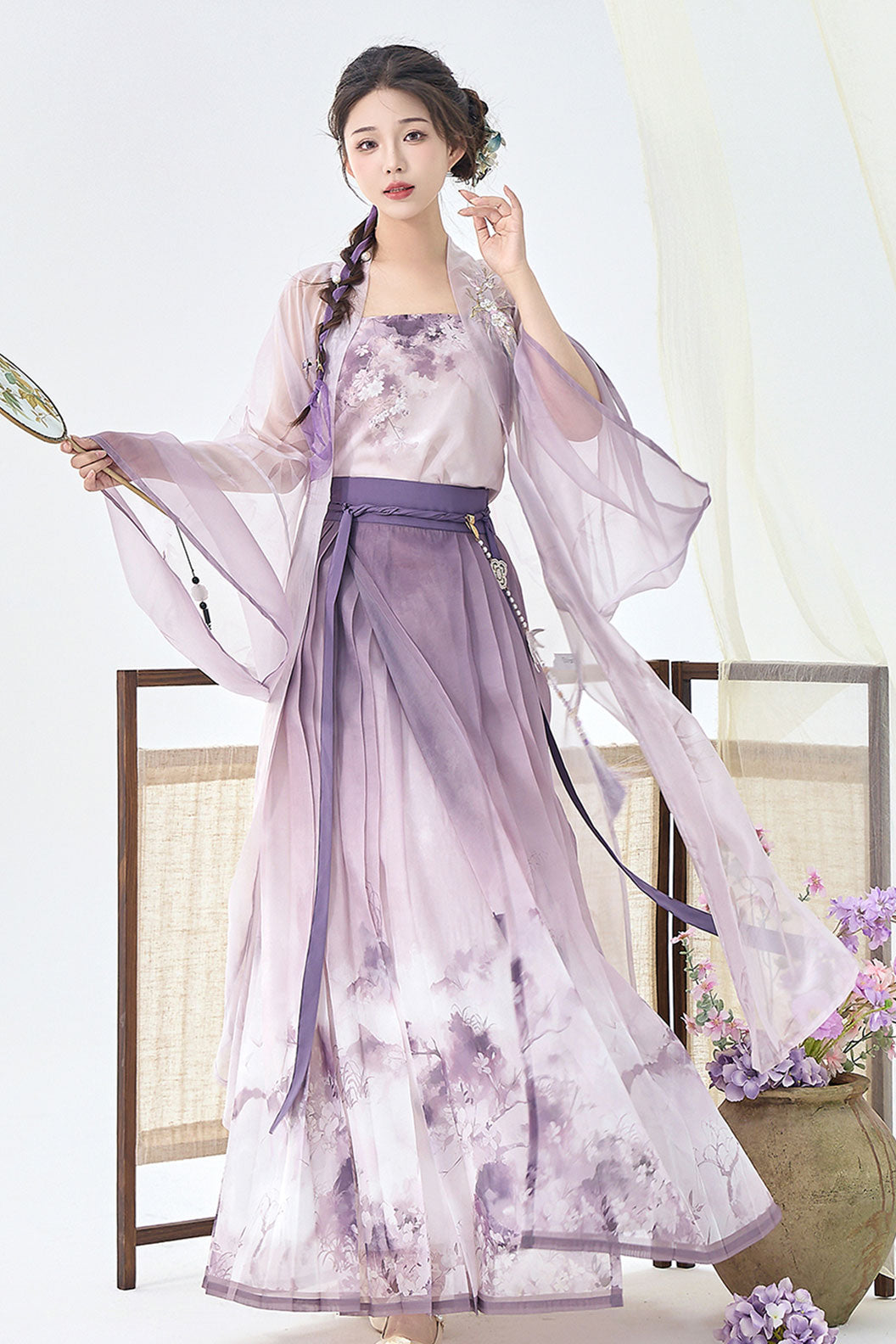 Modern Hanfu  Clothing Long Sleeve Round Collar Shirt Eight Panel Skirt Blue Hanfu Dress - haiyannailan 海盐奶蓝