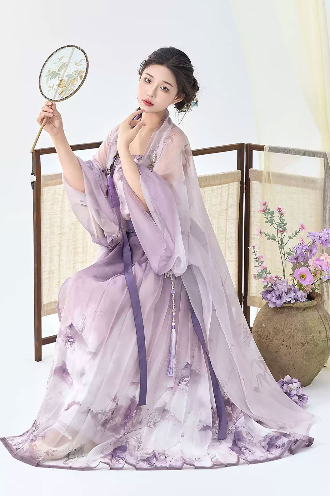 Modern Hanfu  Clothing Long Sleeve Round Collar Shirt Eight Panel Skirt Blue Hanfu Dress - haiyannailan 海盐奶蓝