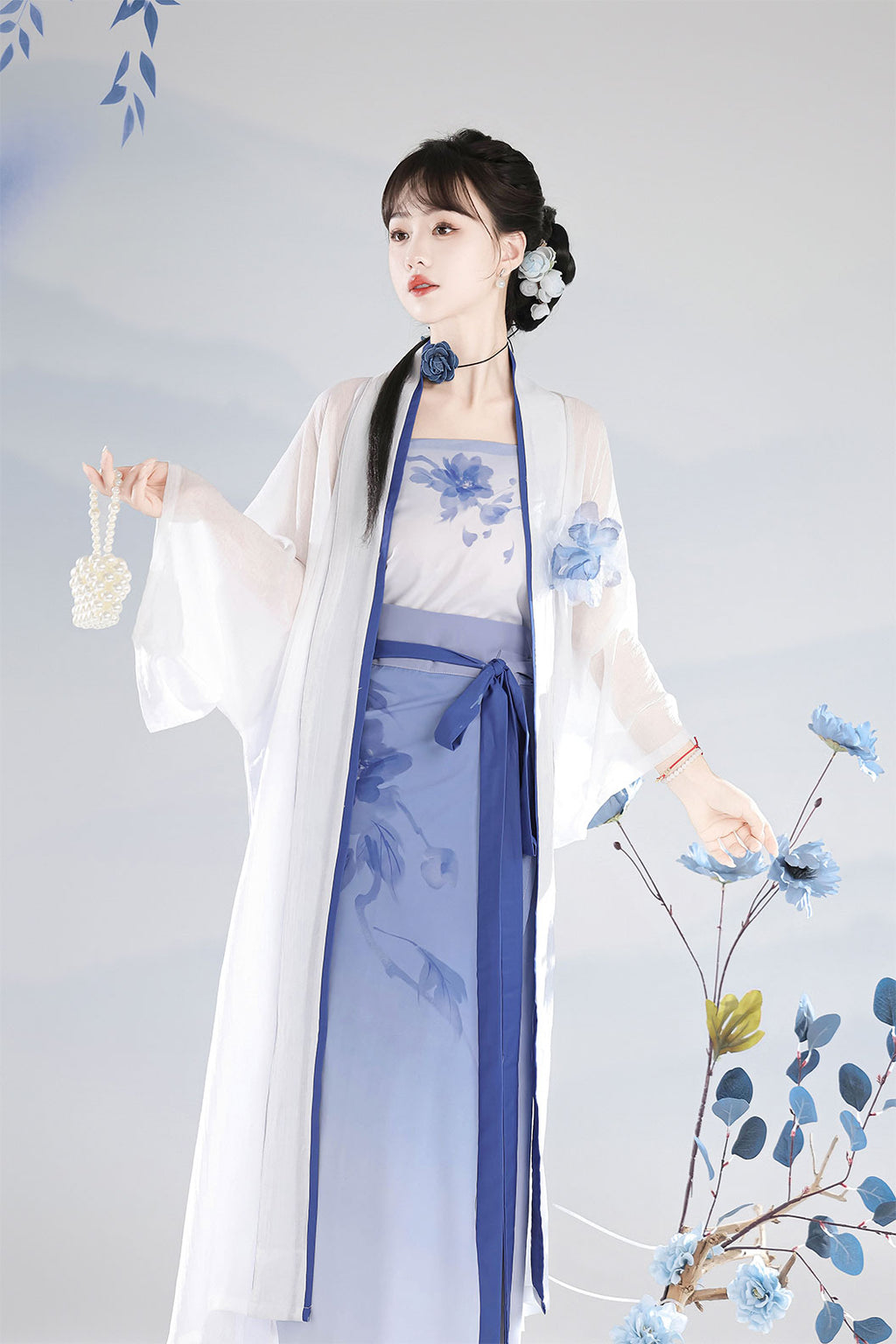 Song Dynasty White-green Hanfu Dress Bòzi Robe with Long Shirt - guyu 谷雨