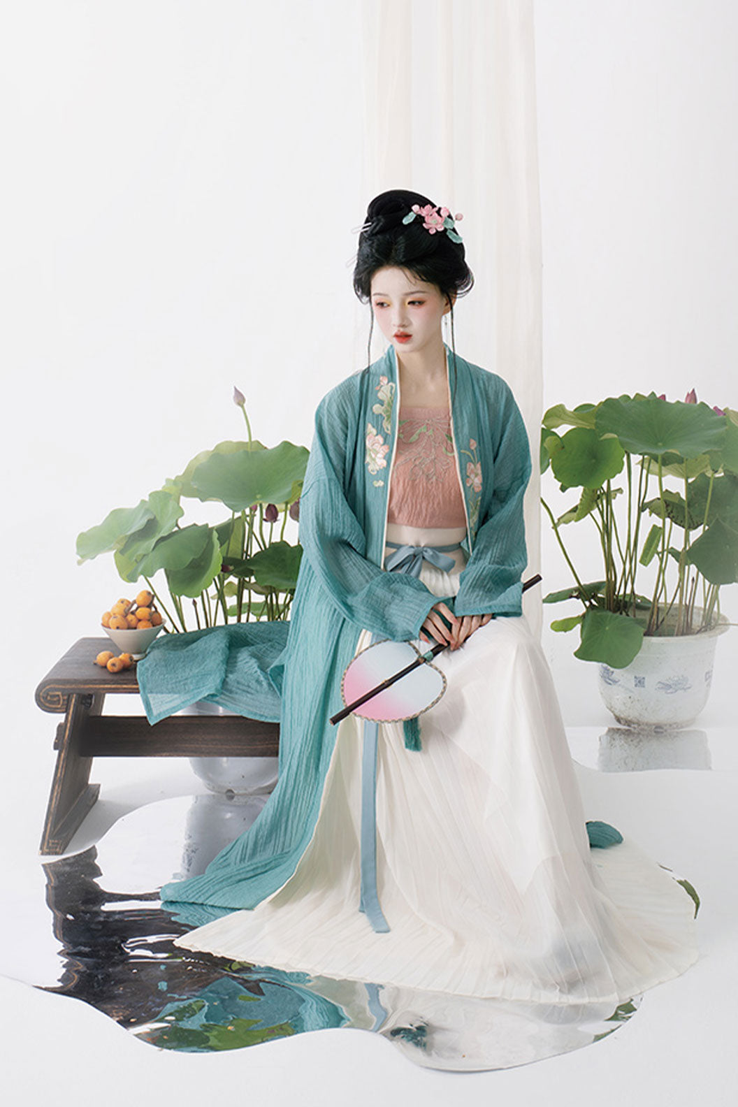 Song Dynasty Blue Hanfu Dress with Tencel Embroidery and Pleated Skirt - linzhi 林芝