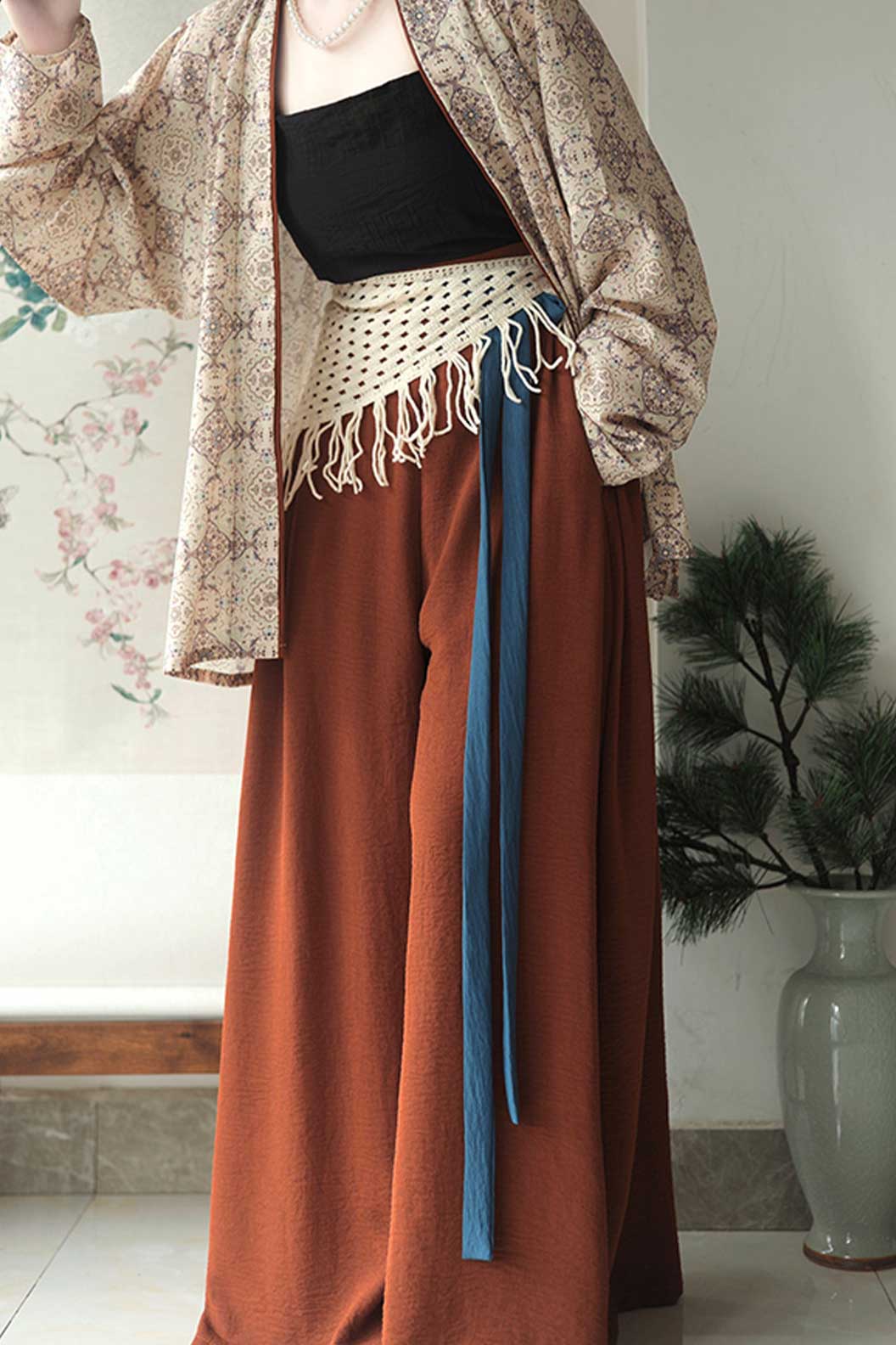 Song Dynasty Blue Hanfu Dress with Tencel Strap and Airplane Sleeves - qinngyu青玉