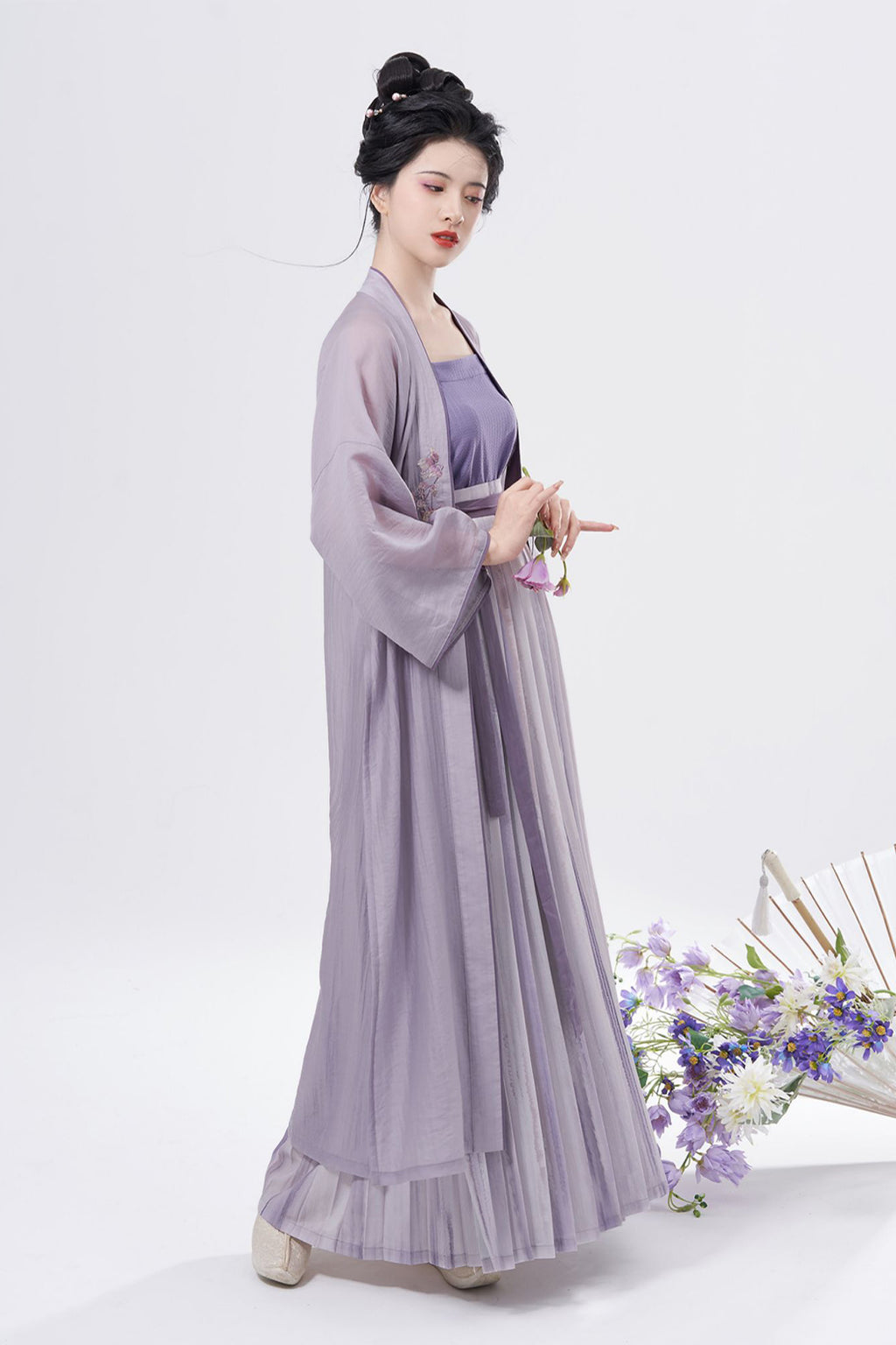 Song Dynasty Camellia Embroidery One Piece Pleated Skirt Purple Hanfu Dress - yuxiang 雨巷