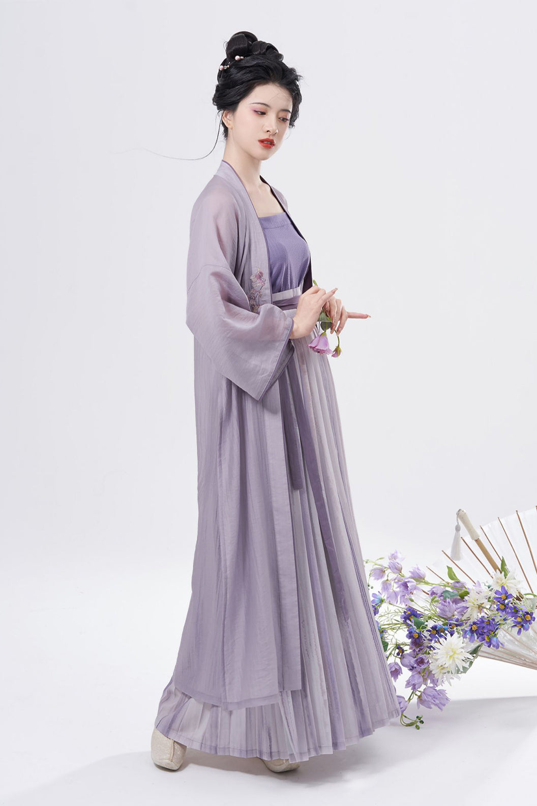 Song Dynasty Camellia Embroidery One Piece Pleated Skirt Purple Hanfu Dress - yuxiang 雨巷