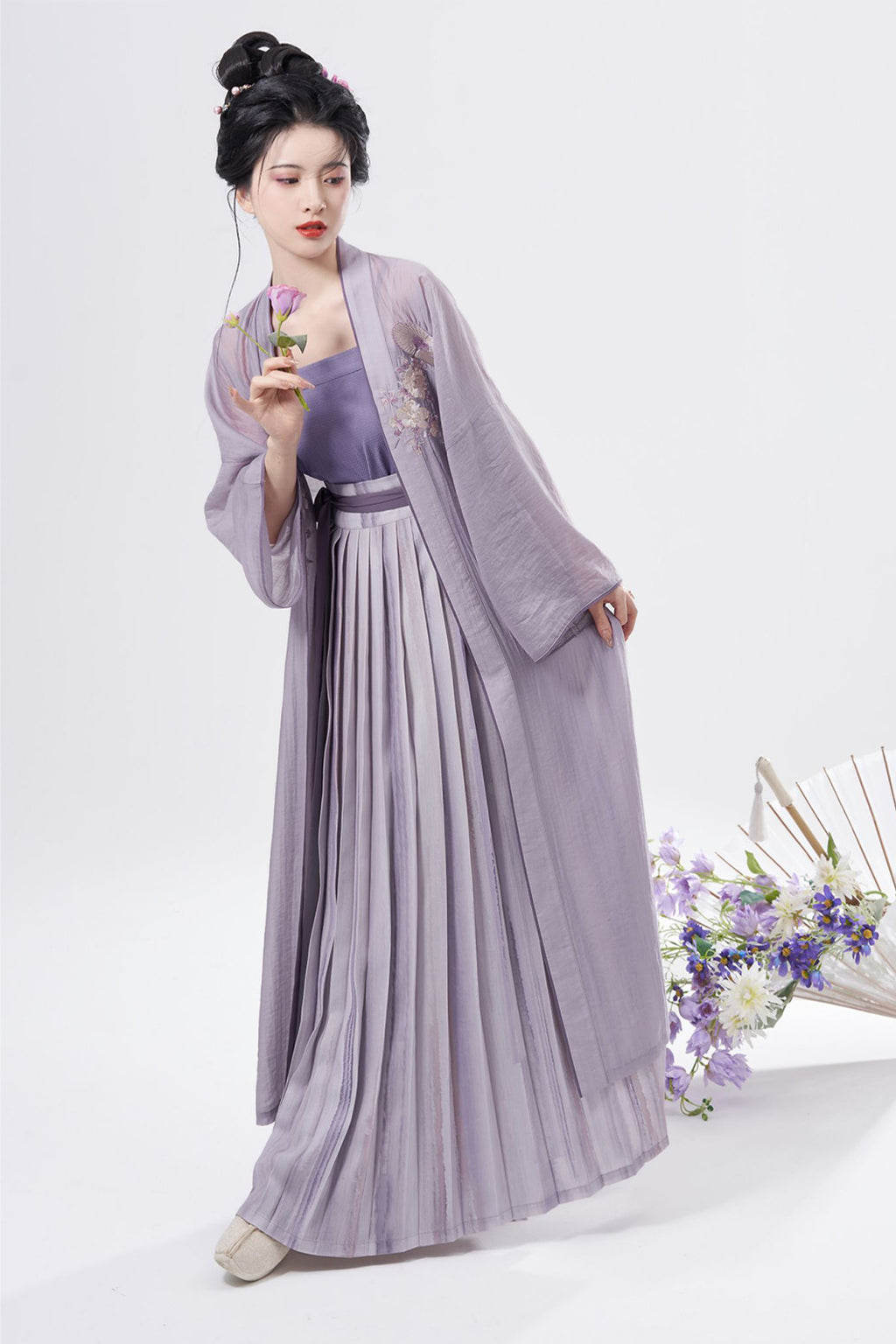 Song Dynasty Camellia Embroidery One Piece Pleated Skirt Purple Hanfu Dress - yuxiang 雨巷
