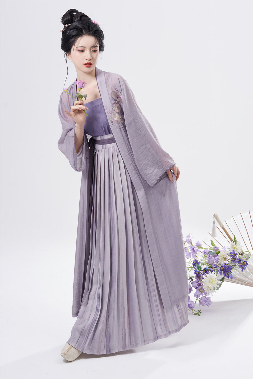 Song Dynasty Camellia Embroidery One Piece Pleated Skirt Purple Hanfu Dress - yuxiang 雨巷