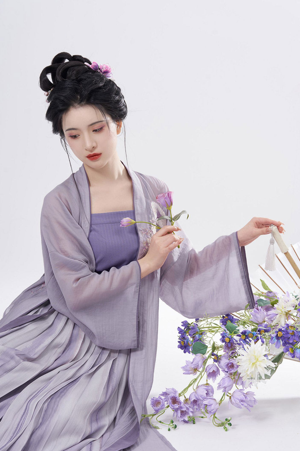 Song Dynasty Camellia Embroidery One Piece Pleated Skirt Purple Hanfu Dress - yuxiang 雨巷