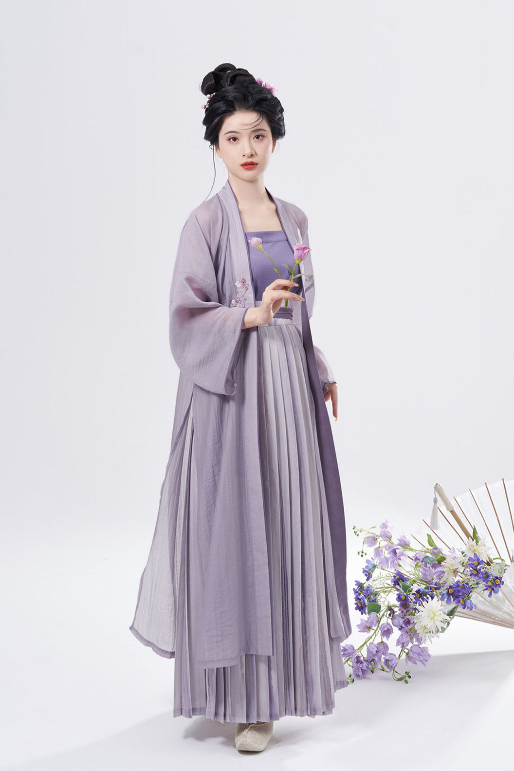 Song Dynasty Camellia Embroidery One Piece Pleated Skirt Purple Hanfu Dress - yuxiang 雨巷