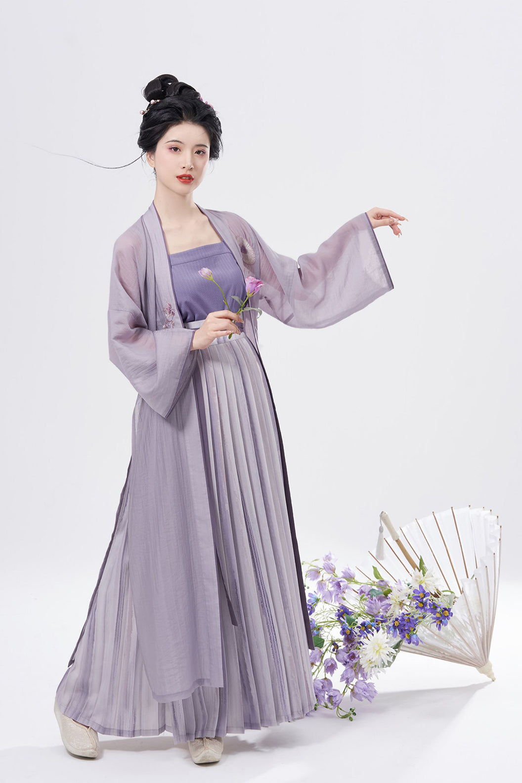 Song Dynasty Camellia Embroidery One Piece Pleated Skirt Purple Hanfu Dress - yuxiang 雨巷