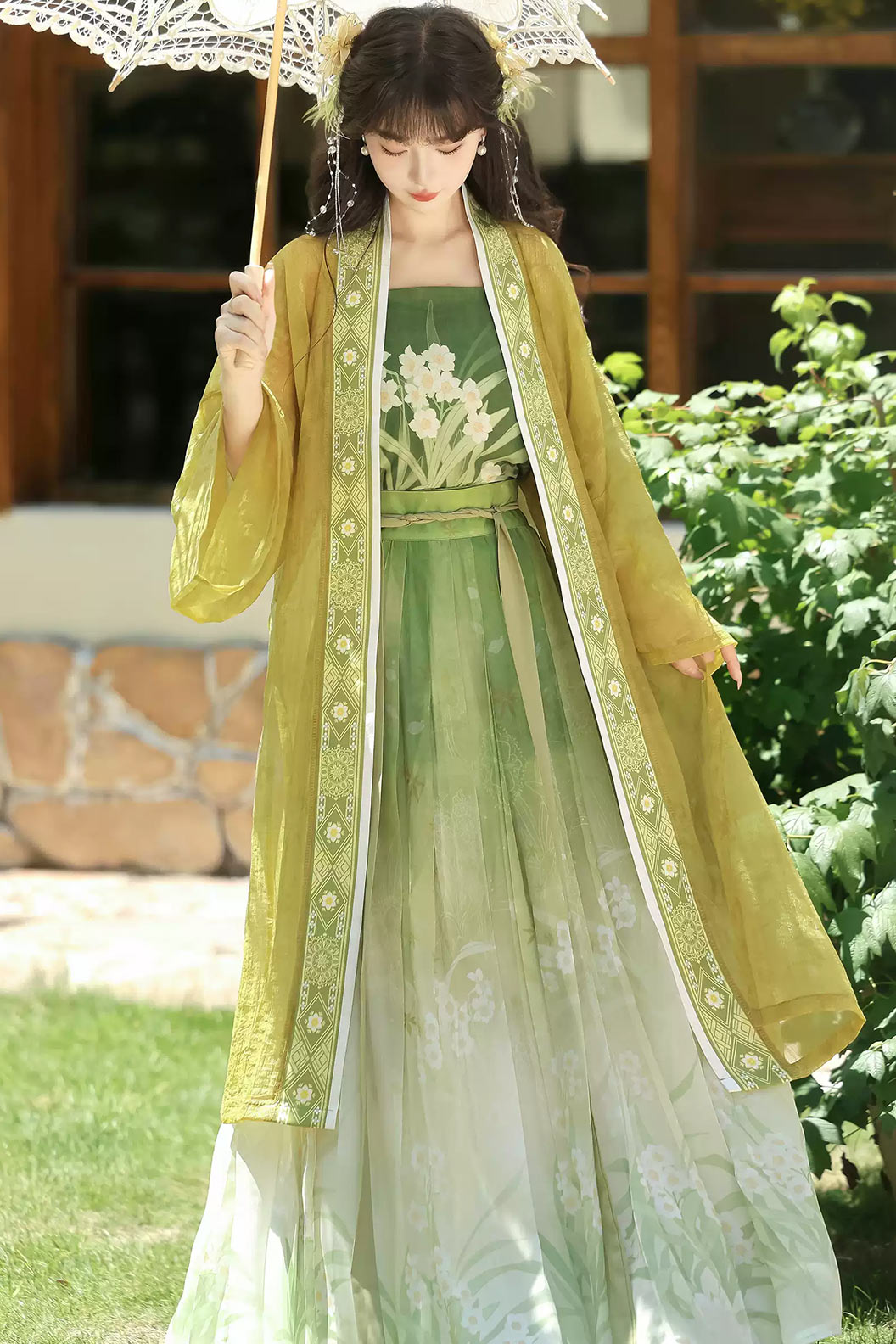 Song Dynasty Clothing Tencel Beizi 3-piece Set Green Hanfu Dress - shuixian 水仙