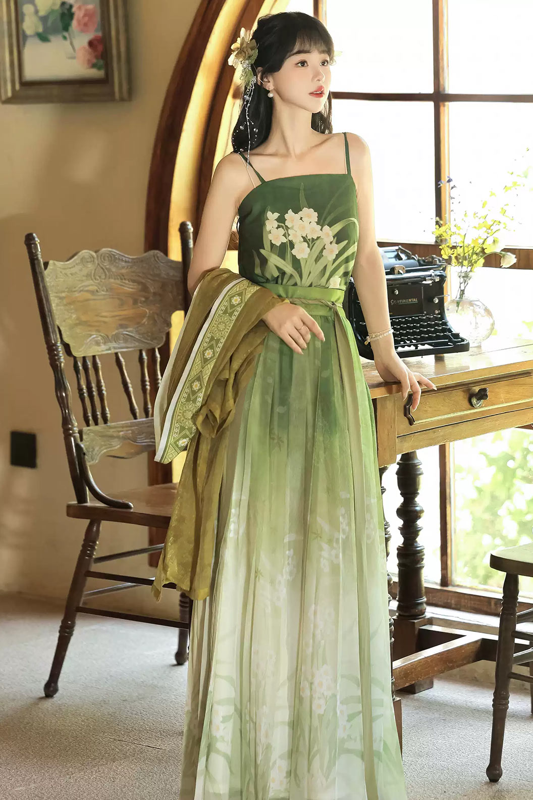 Song Dynasty Clothing Tencel Beizi 3-piece Set Green Hanfu Dress - shuixian 水仙