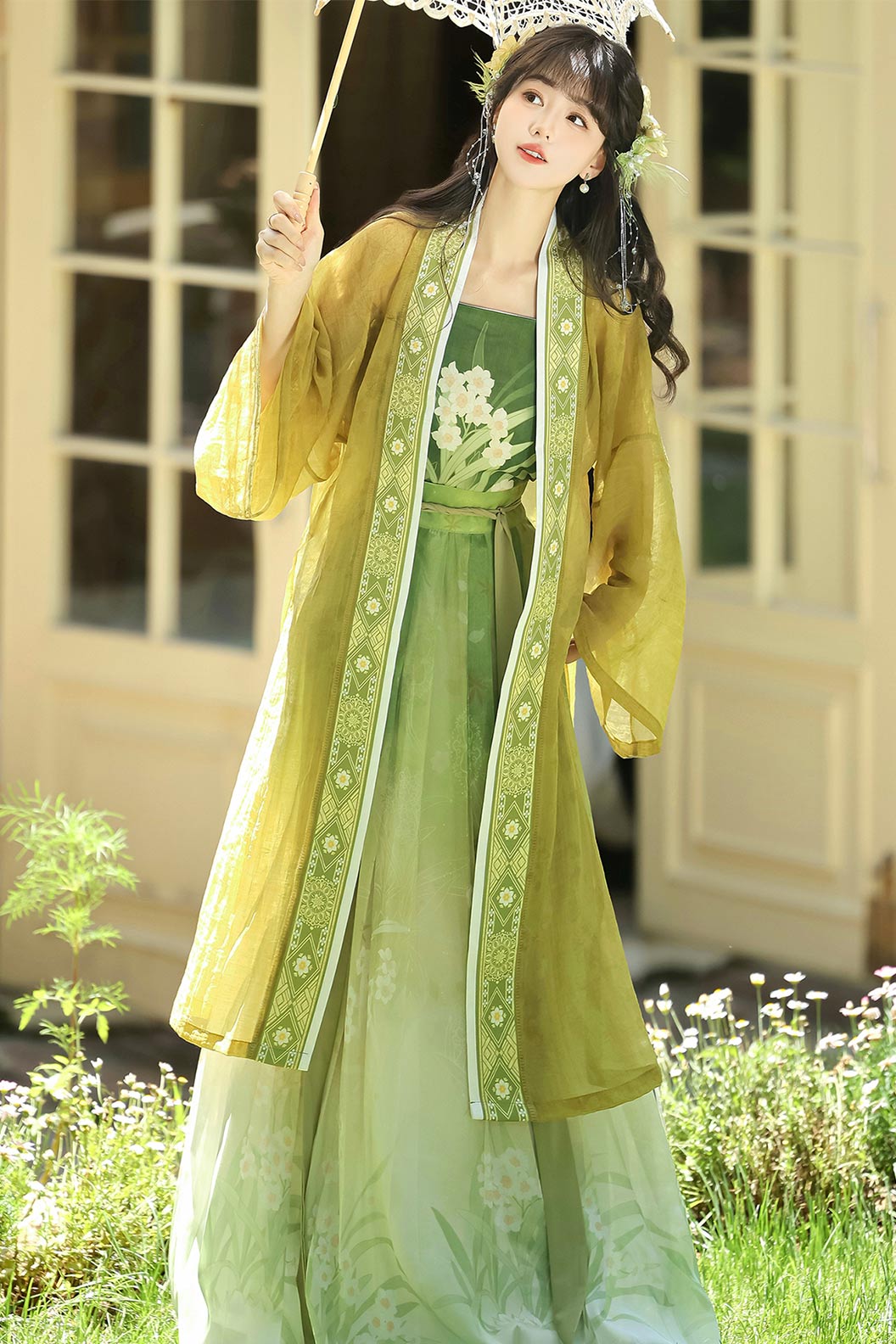 Song Dynasty Clothing Tencel Beizi 3-piece Set Green Hanfu Dress - shuixian 水仙