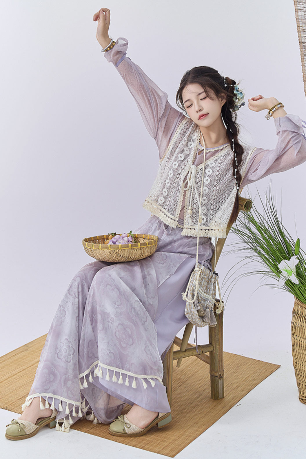 Modern Hanfu  Clothing Vest Wide Leg Pants Purple Hanfu Dress - qingyunjin 晴云锦