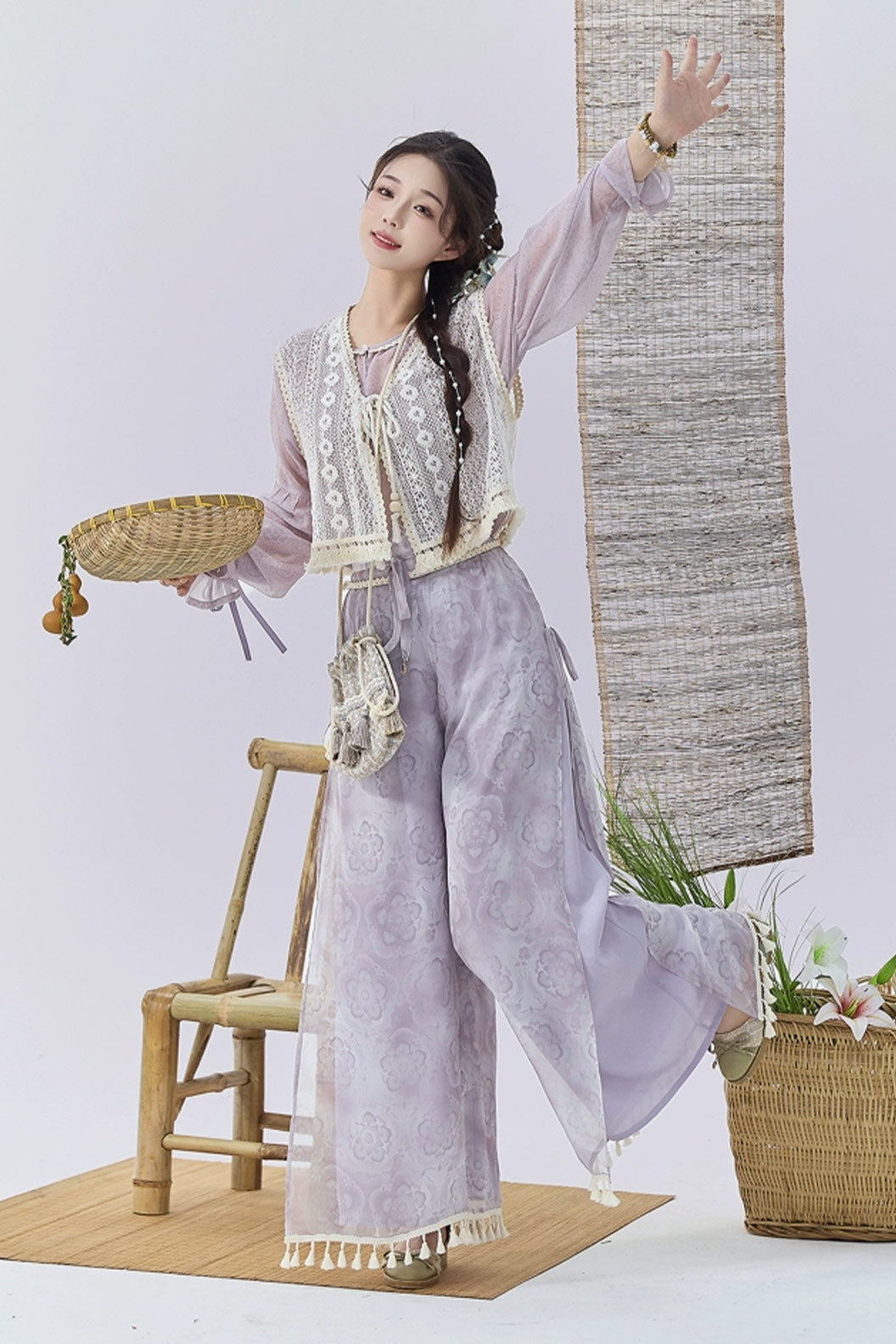 Modern Hanfu  Clothing Vest Wide Leg Pants Purple Hanfu Dress - qingyunjin 晴云锦