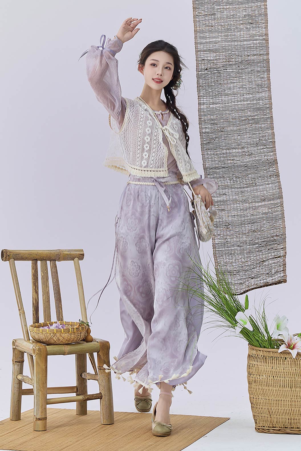 Modern Hanfu  Clothing Vest Wide Leg Pants Purple Hanfu Dress - qingyunjin 晴云锦