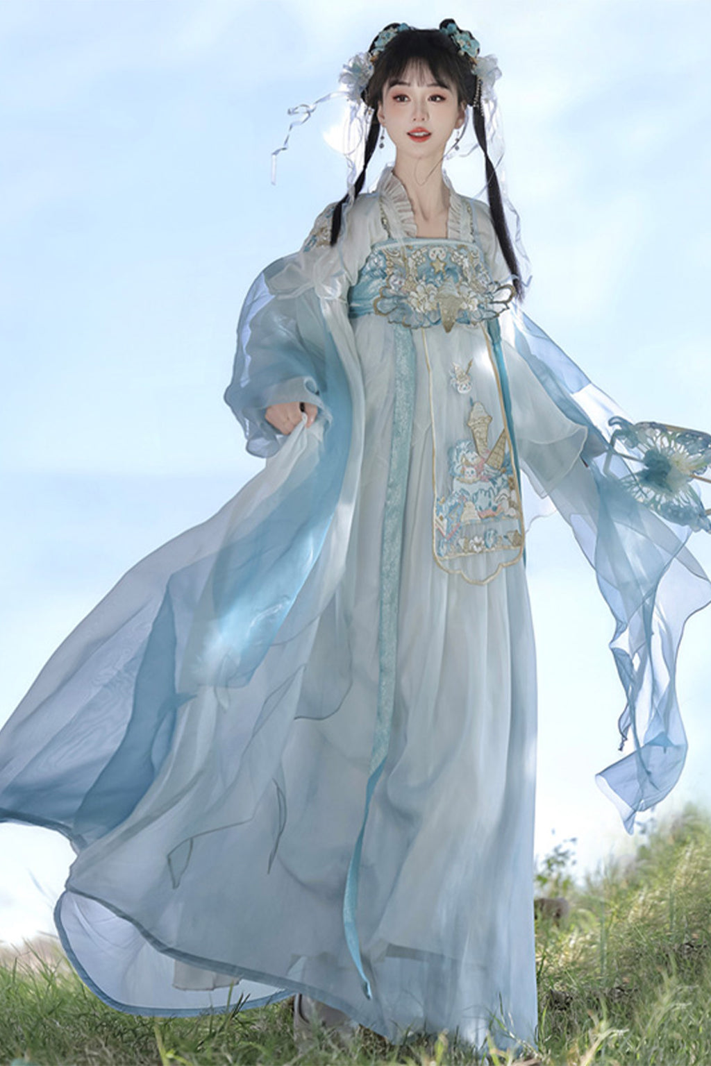Song Dynasty High Collar Ruqun Chinese Style Blue Hanfu Dress - xiaritianxin 夏日甜心