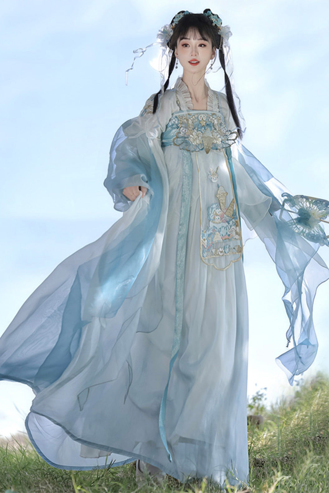 Song Dynasty High Collar Ruqun Chinese Style Blue Hanfu Dress - xiaritianxin 夏日甜心