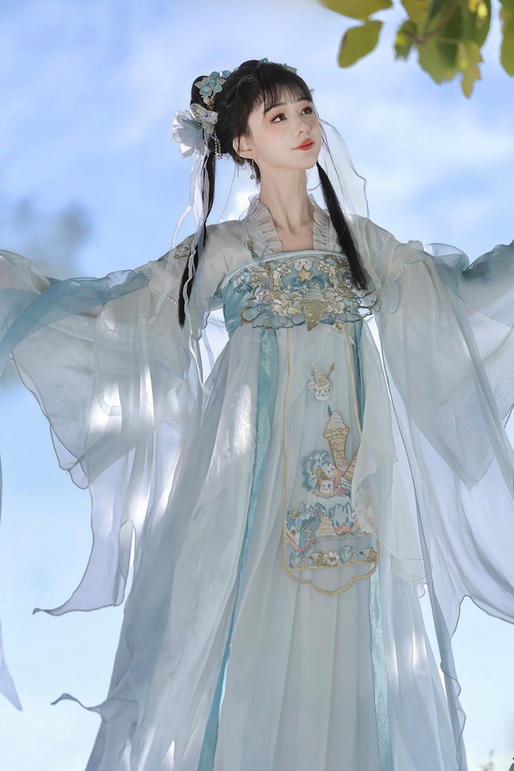 Song Dynasty High Collar Ruqun Chinese Style Blue Hanfu Dress - xiaritianxin 夏日甜心