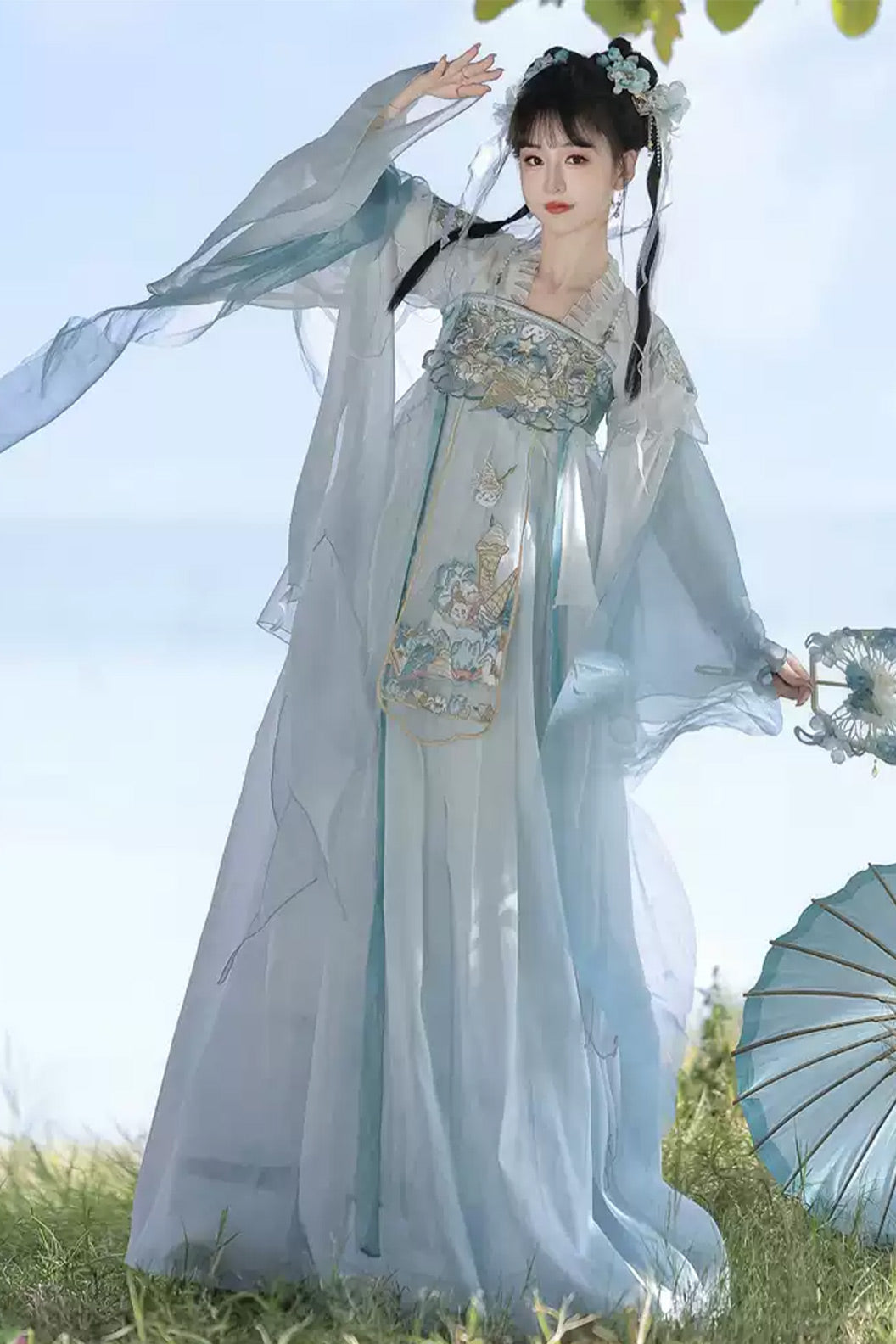 Song Dynasty High Collar Ruqun Chinese Style Blue Hanfu Dress - xiaritianxin 夏日甜心