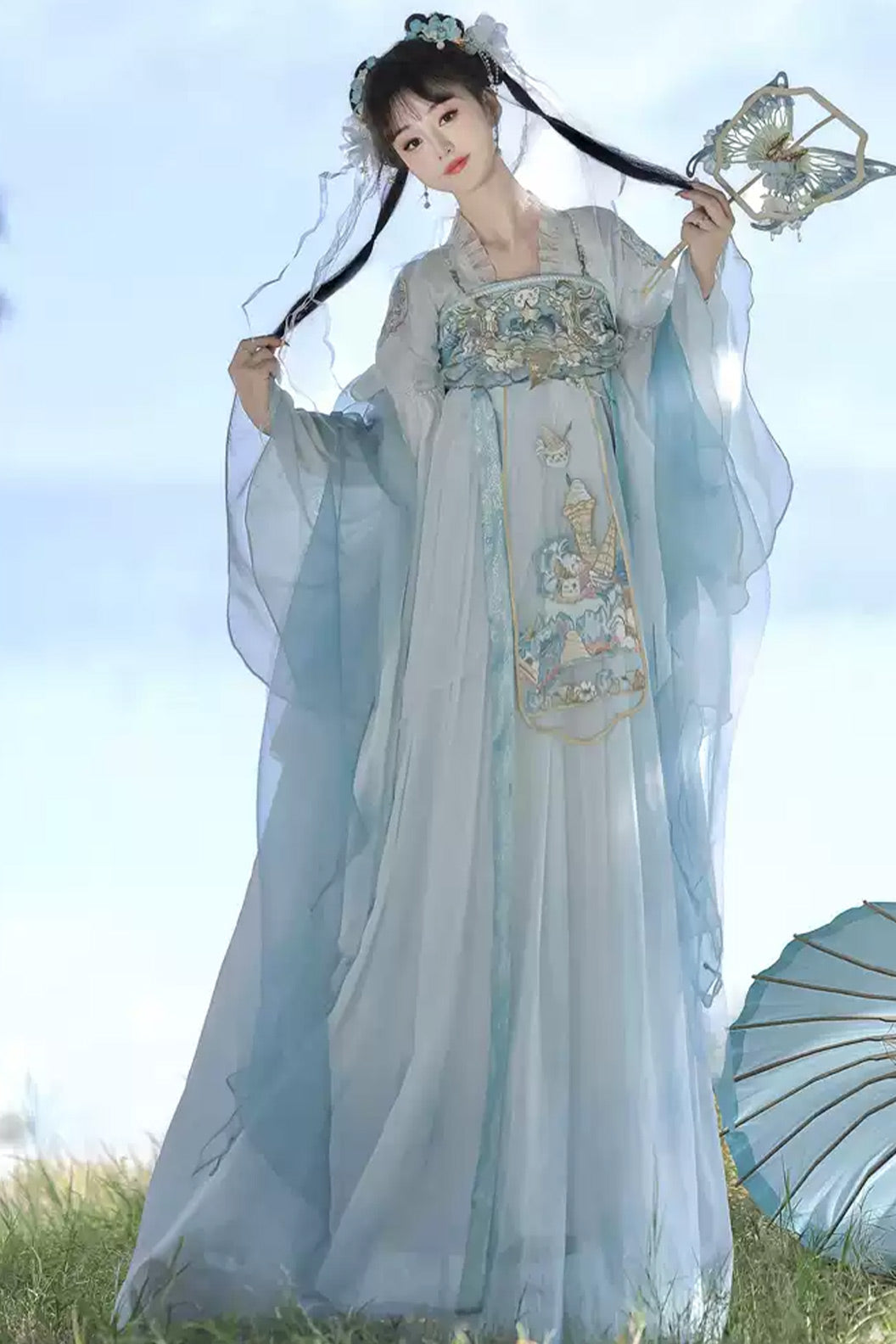 Song Dynasty High Collar Ruqun Chinese Style Blue Hanfu Dress - xiaritianxin 夏日甜心