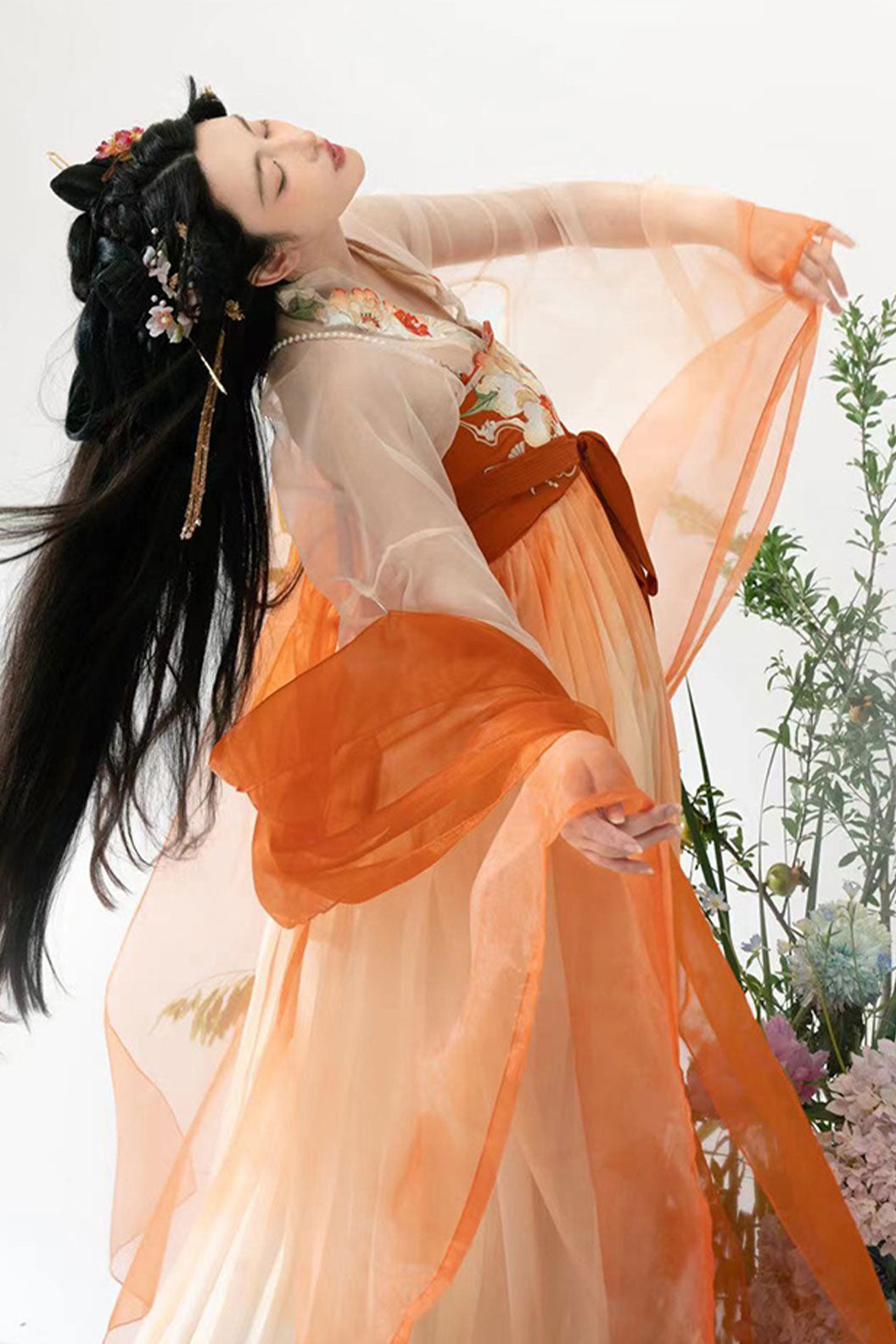 Song Dynasty Orange Hanfu Dress with One-Piece Kouzi Skirt and Wide-Sleeved Ruqun - juxiang 橘香