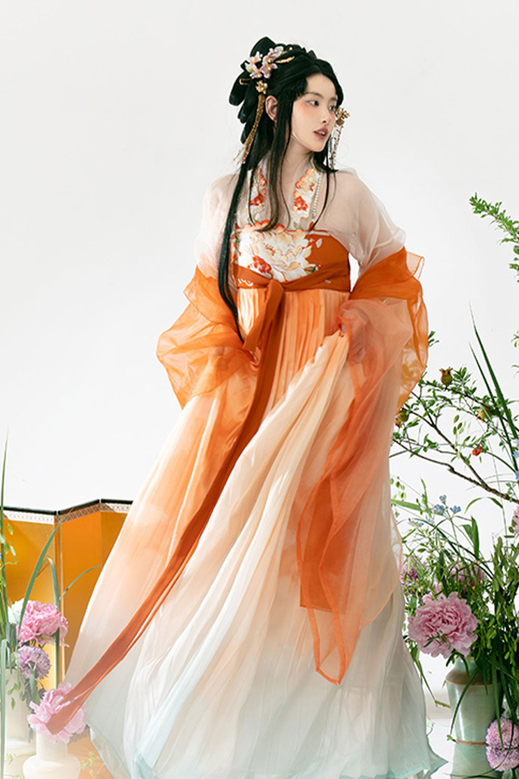 Song Dynasty Orange Hanfu Dress with One-Piece Kouzi Skirt and Wide-Sleeved Ruqun - juxiang 橘香
