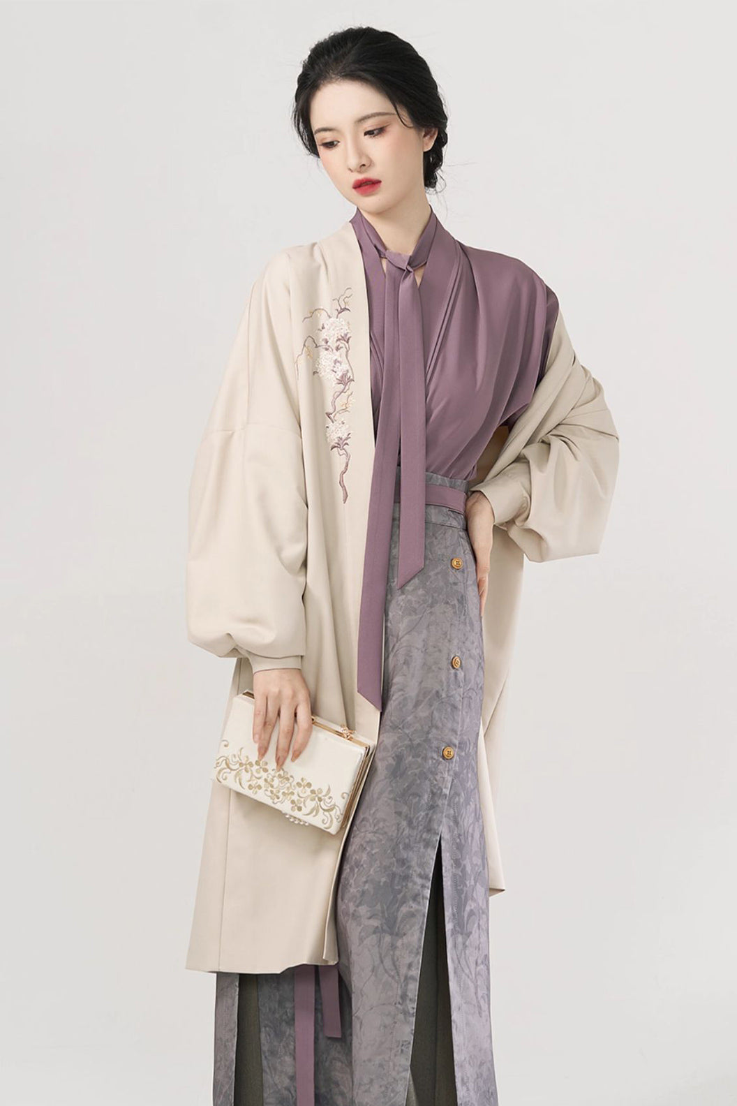 Modern Hanfu Three Panel Skirt Workwear Commuting Purple Hanfu Dress - chengshiriji 城市日记