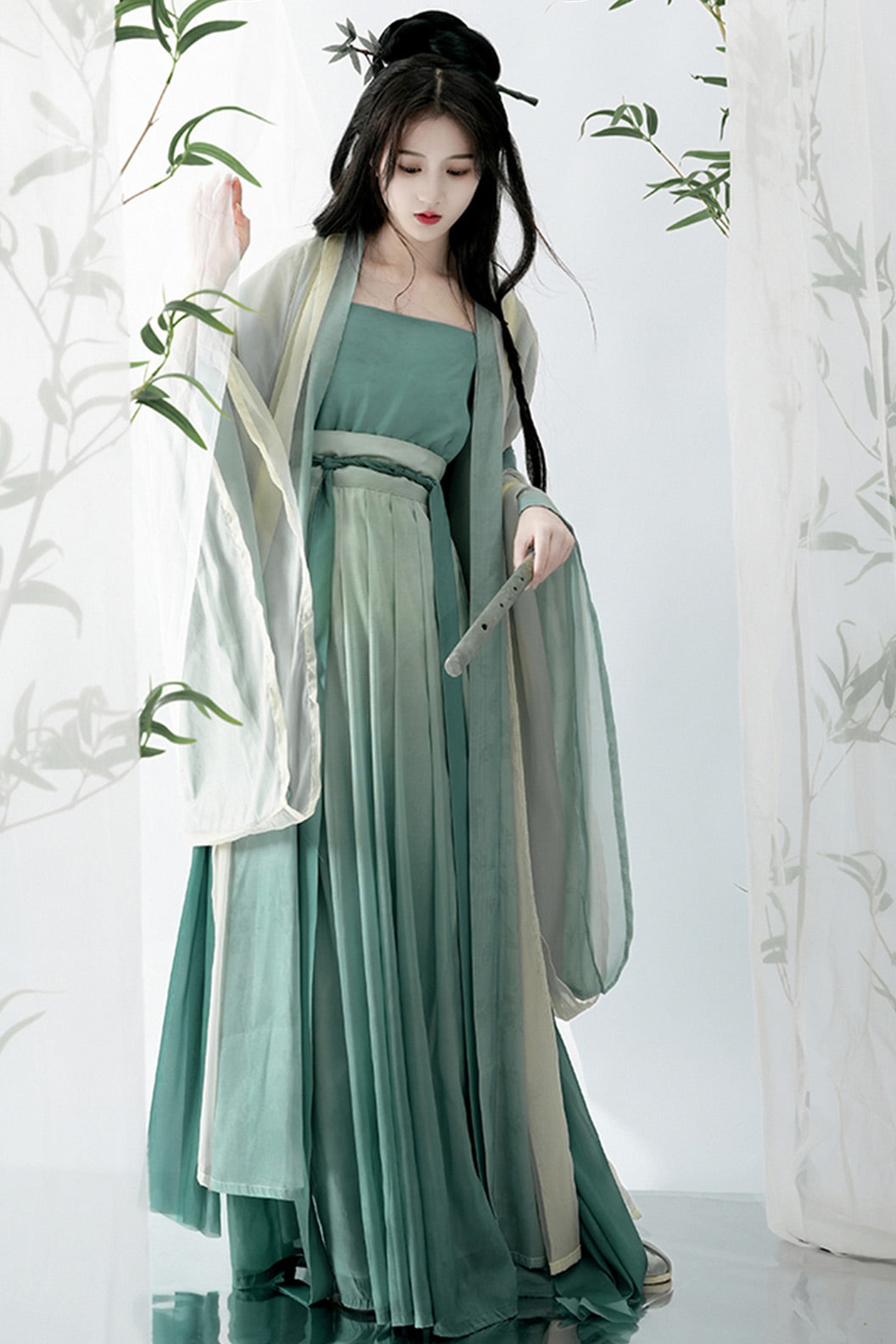 Song Dynasty Wide Sleeve Long Robe Pleated Skirt Green Hanfu Dress - qingdai 青黛