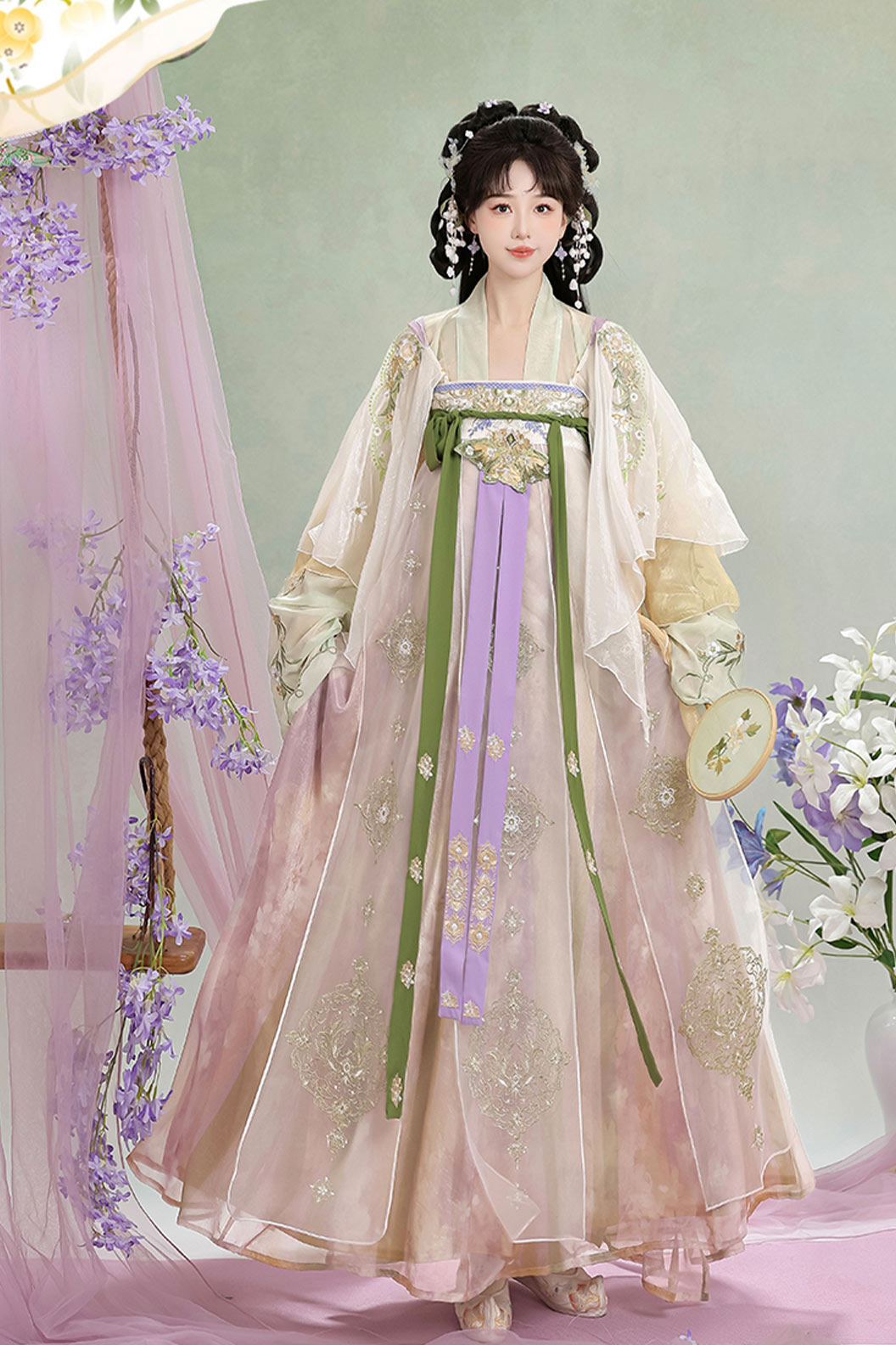 Tang Dynasty Apricot Hanfu Dress Embroidered Chest High Ruqun with Cape - chunfengmanye 春风慢野