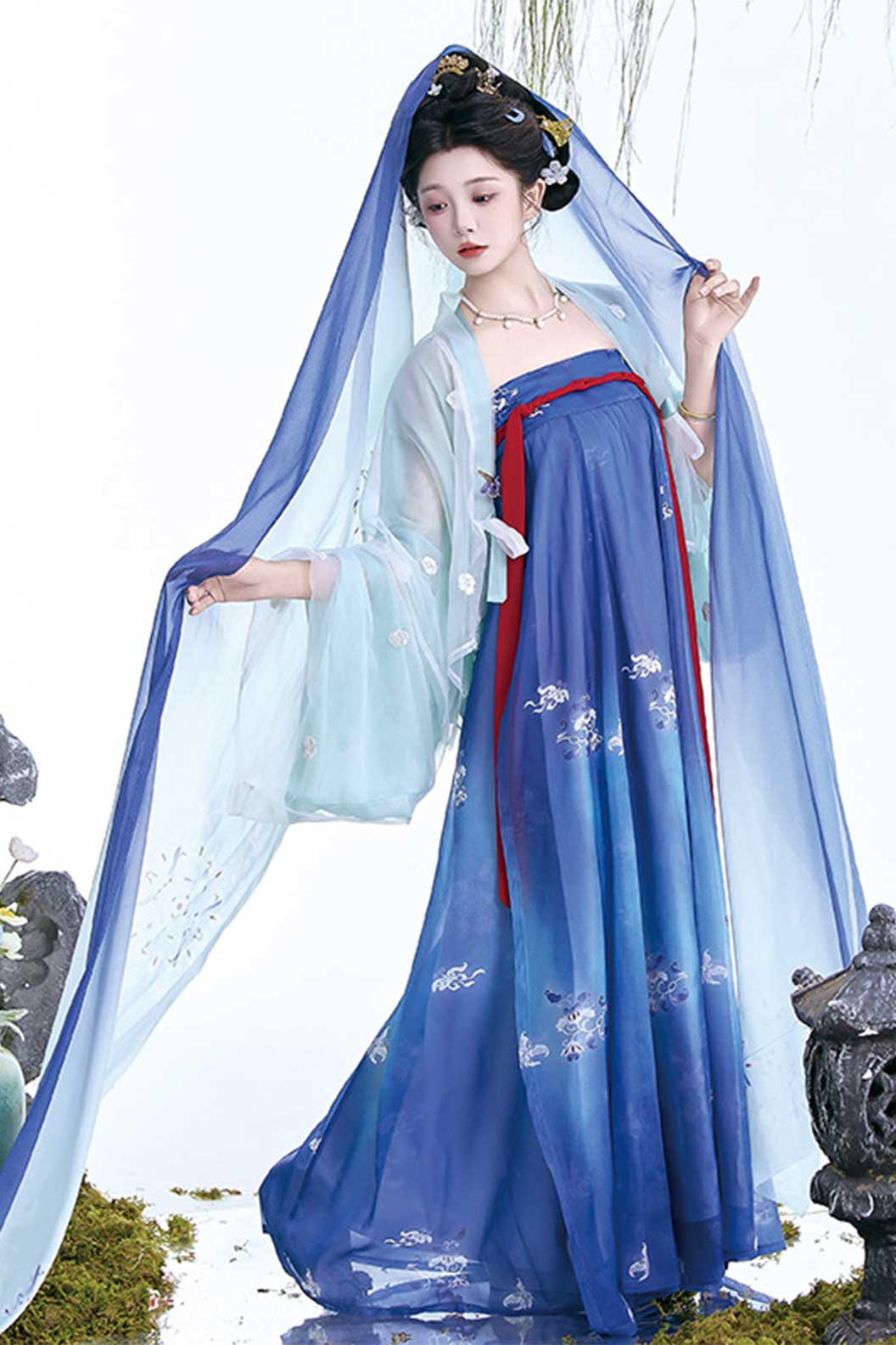 Song Dynasty Blue Hanfu Dress with Embroidered Double Cloak and Pleated Skirt - yuanshandai 远山黛