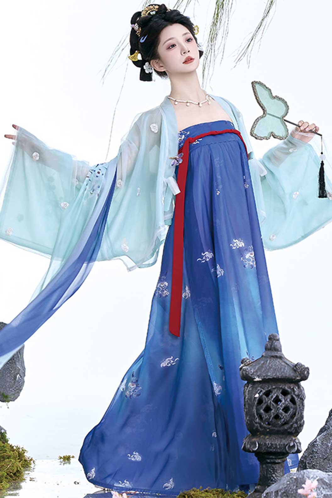 Song Dynasty Blue Hanfu Dress with Embroidered Double Cloak and Pleated Skirt - yuanshandai 远山黛