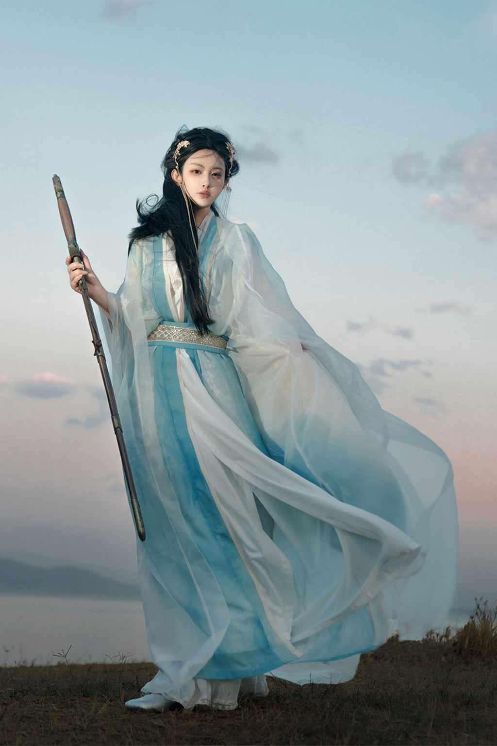 Tang Dynasty Blue Hanfu Dress with Embroidery Chinese Style - luoshenfu 洛神赋