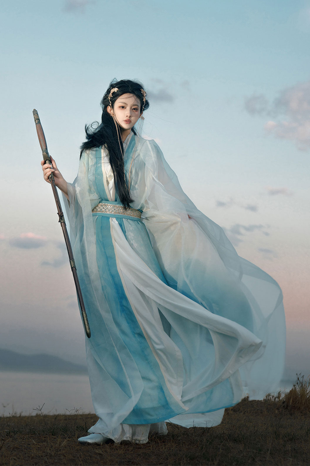 Tang Dynasty Blue Hanfu Dress with Embroidery Chinese Style - luoshenfu 洛神赋