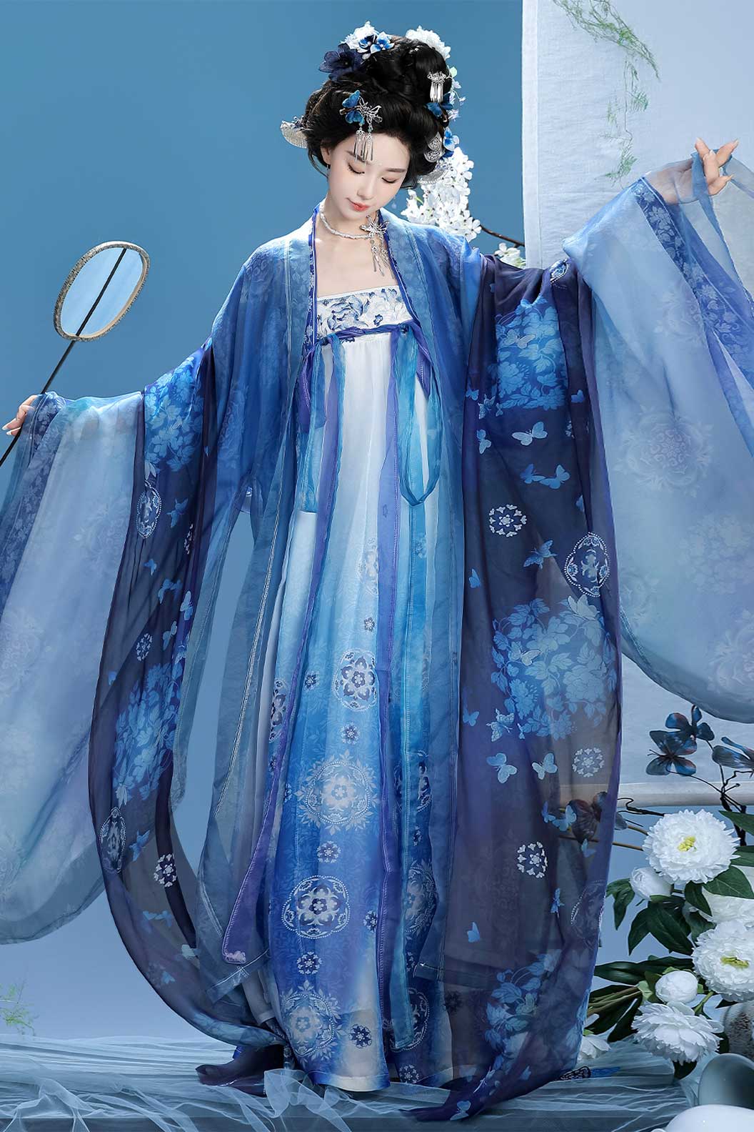Tang Dynasty Blue Hanfu Dress with qixiong ruqun Ruqun and Wide Sleeve Shirt - qingcimudn 青瓷牡丹