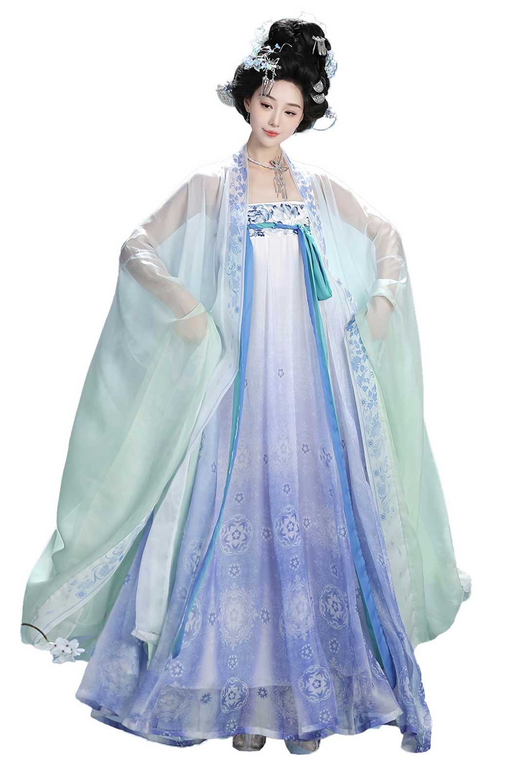 Tang Dynasty Blue Hanfu Dress with qixiong ruqun Ruqun and Wide Sleeve Shirt - qingcimudn 青瓷牡丹