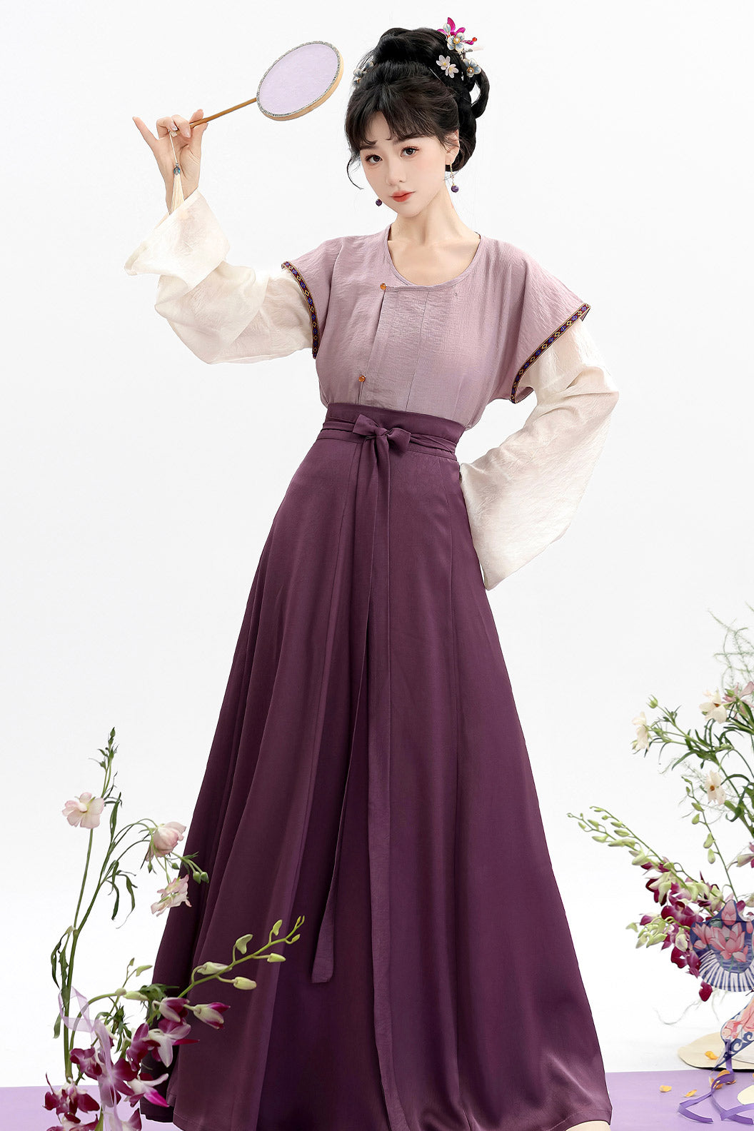Tang Dynasty Clothing Beizi Spring Summer Set Purple Hanfu Dress - hehuan 合欢