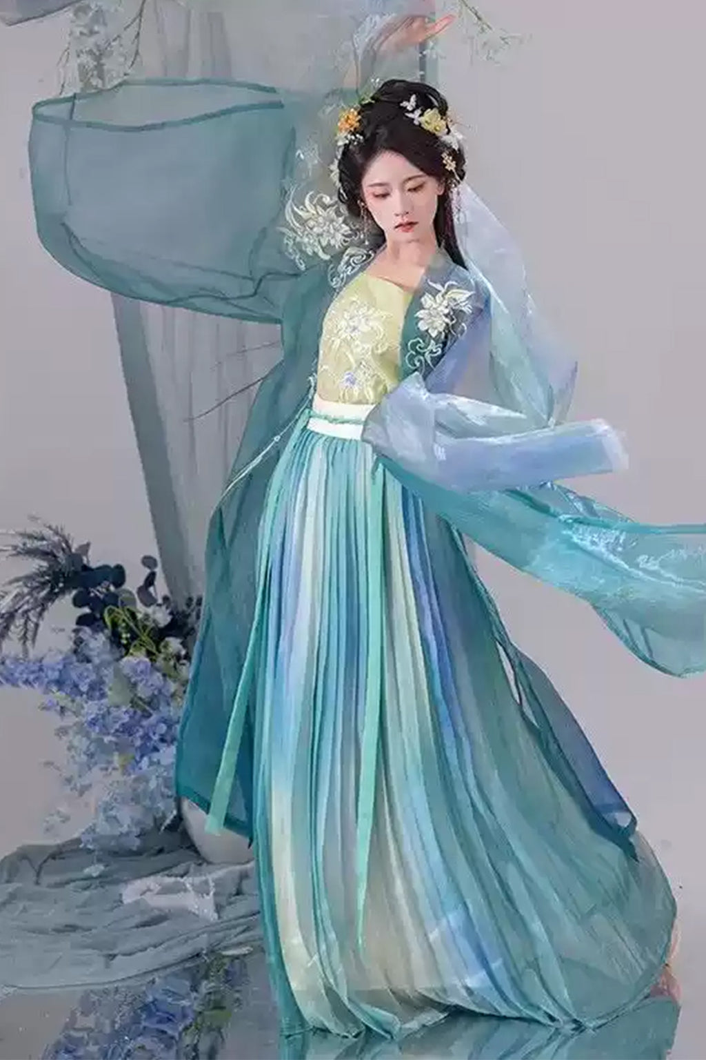 Tang Dynasty Daxiushan Qiyao Ruqun Blue Orange Hanfu dress - ximeiren 兮美人