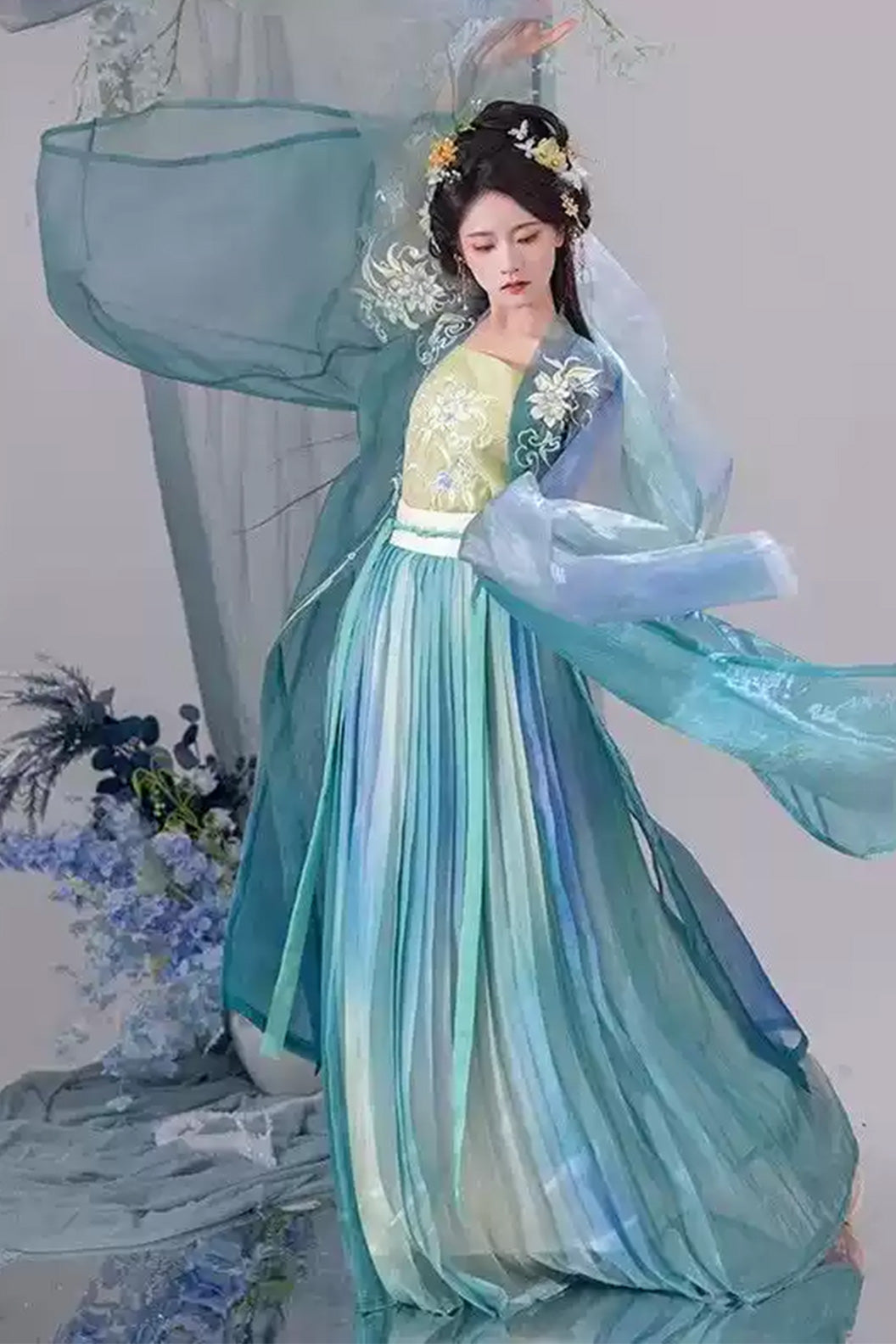Tang Dynasty Daxiushan Qiyao Ruqun Blue Orange Hanfu dress - ximeiren 兮美人