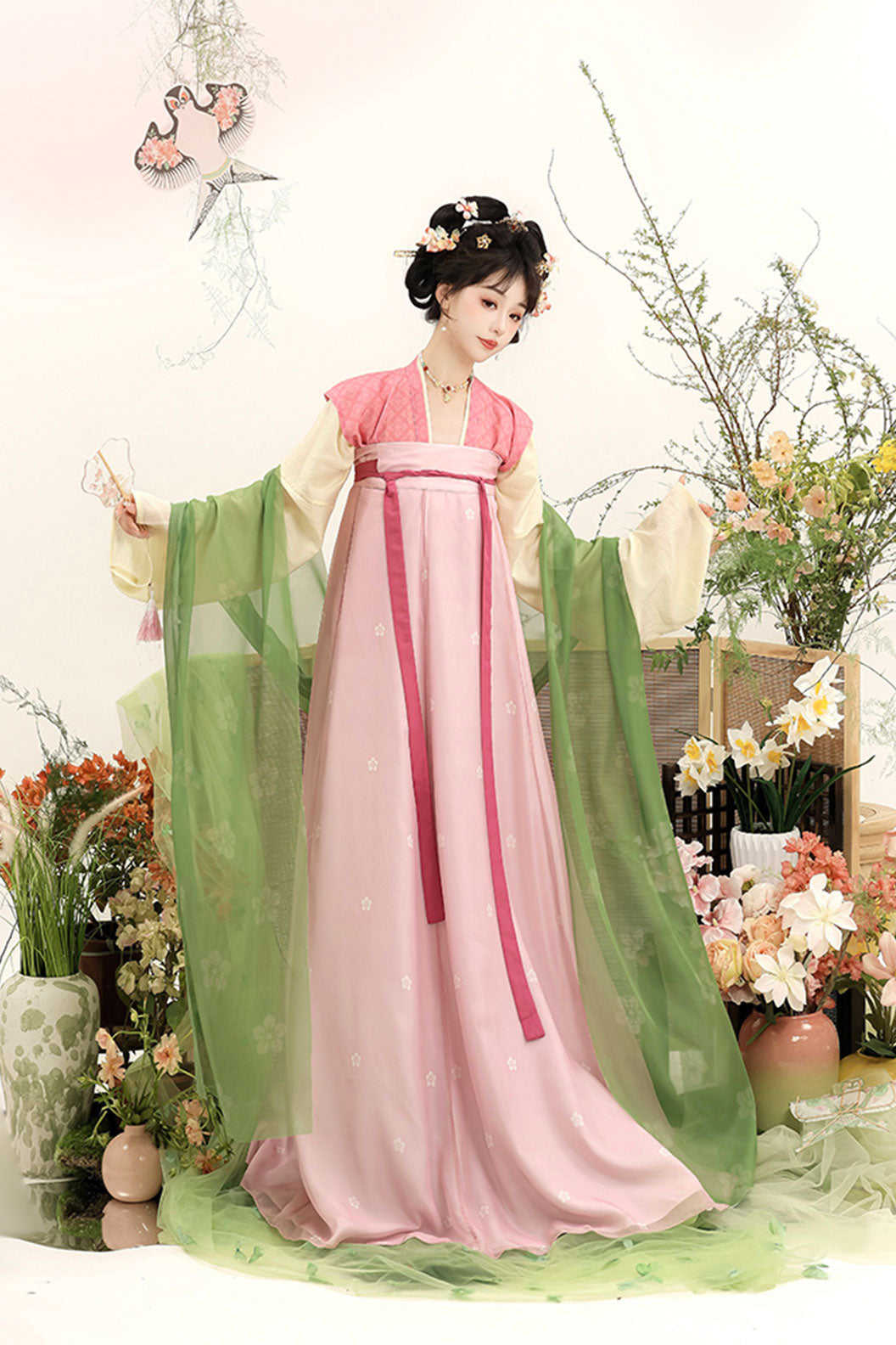 Tang Dynasty Four Colors  Hanfu Dress with Chest-high Ruqun and 5-Piece Set - xiaotaochun 小桃春