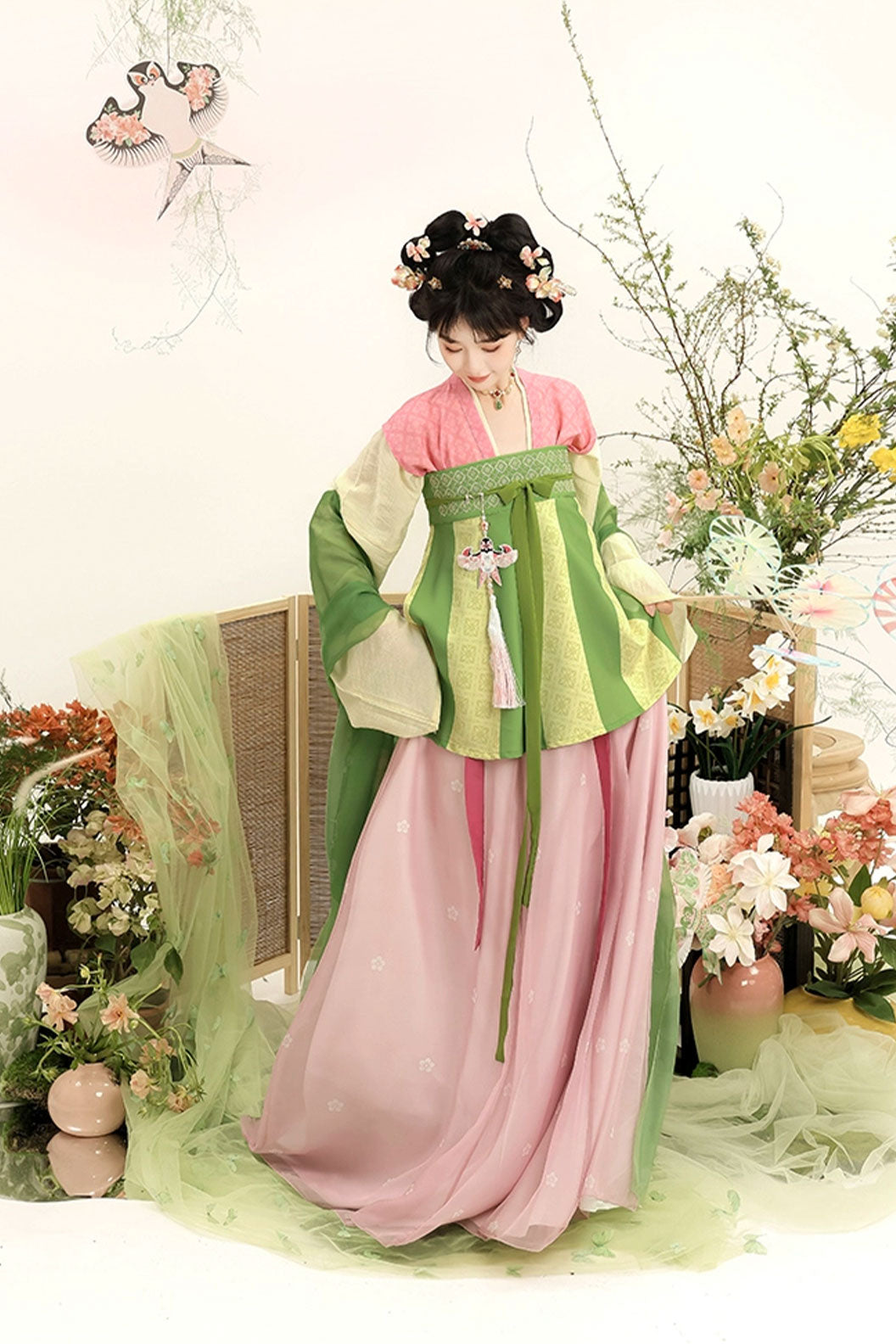 Tang Dynasty Four Colors  Hanfu Dress with Chest-high Ruqun and 5-Piece Set - xiaotaochun 小桃春