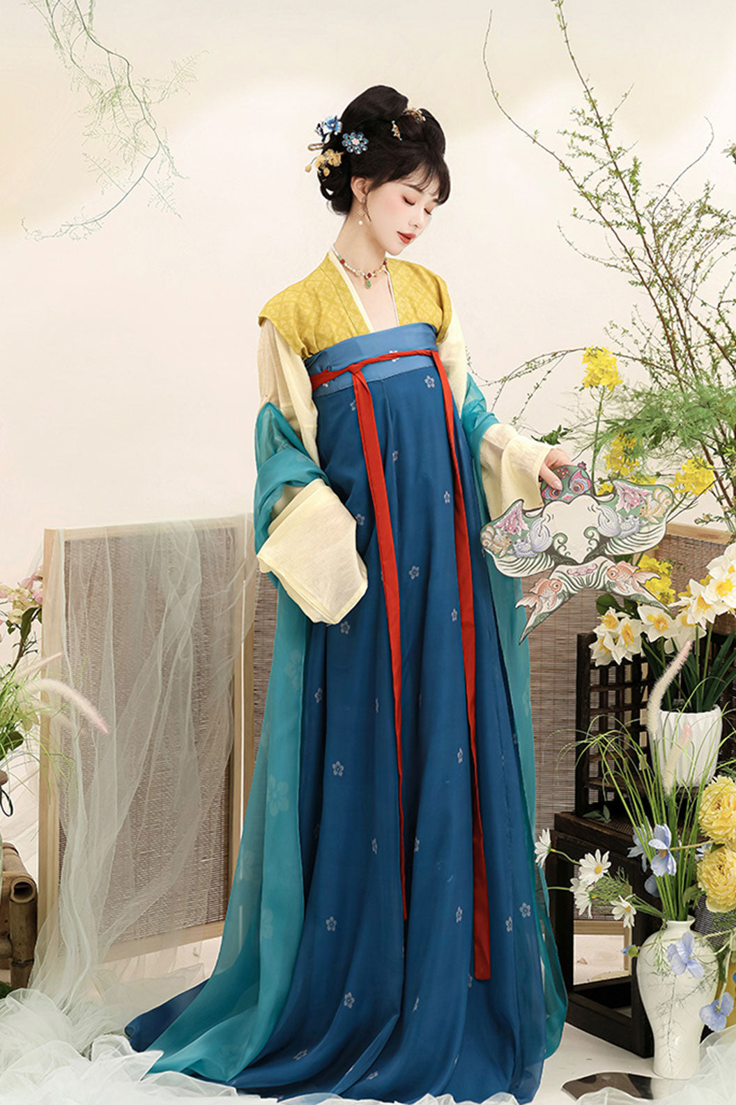 Tang Dynasty Four Colors  Hanfu Dress with Chest-high Ruqun and 5-Piece Set - xiaotaochun 小桃春
