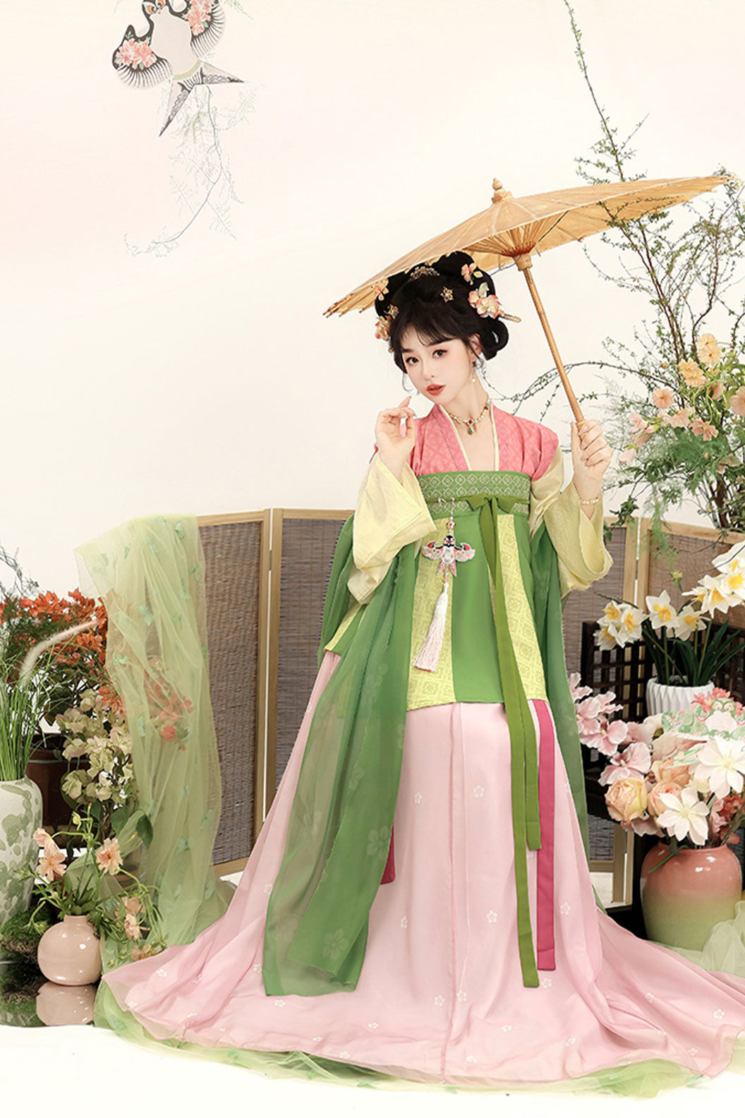 Tang Dynasty Four Colors  Hanfu Dress with Chest-high Ruqun and 5-Piece Set - xiaotaochun 小桃春