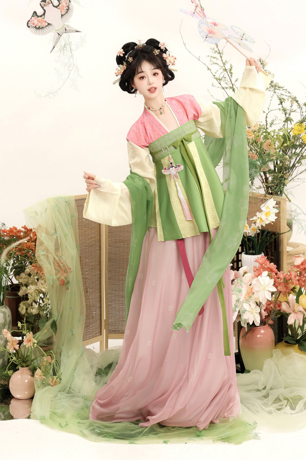Tang Dynasty Four Colors  Hanfu Dress with Chest-high Ruqun and 5-Piece Set - xiaotaochun 小桃春