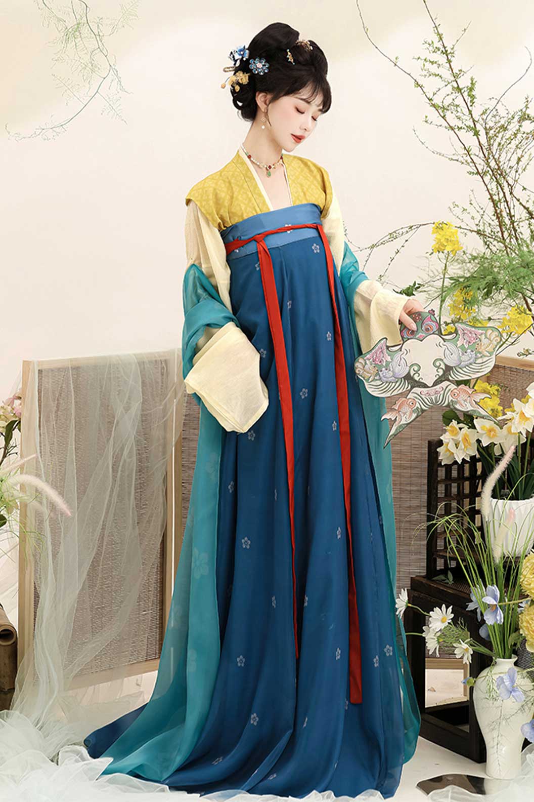 Tang Dynasty Four Colors  Hanfu Dress with Chest-high Ruqun and 5-Piece Set - xiaotaochun 小桃春