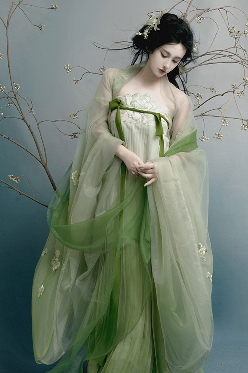Tang Dynasty Green Hanfu Dress with Heavy Embroidery for Spring and Summer - chunli 春梨