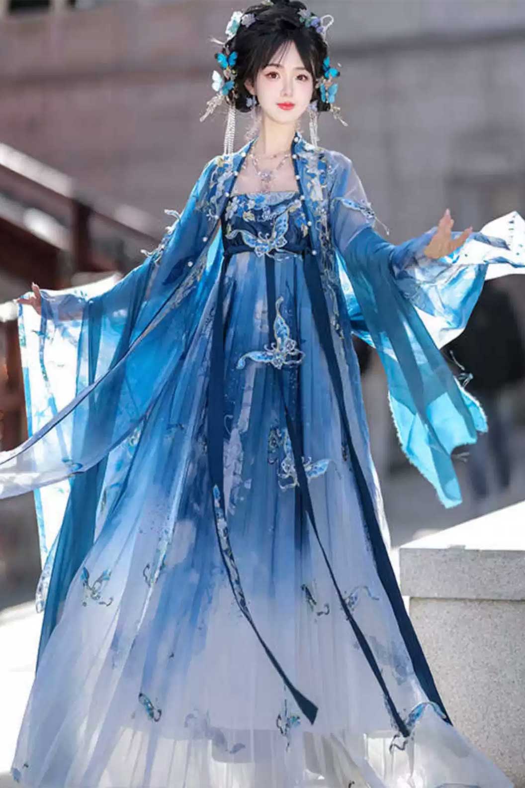 Tang dynasty hanfu blue print embroidery Kouzi skirt - cidiemeiren 瓷碟美人