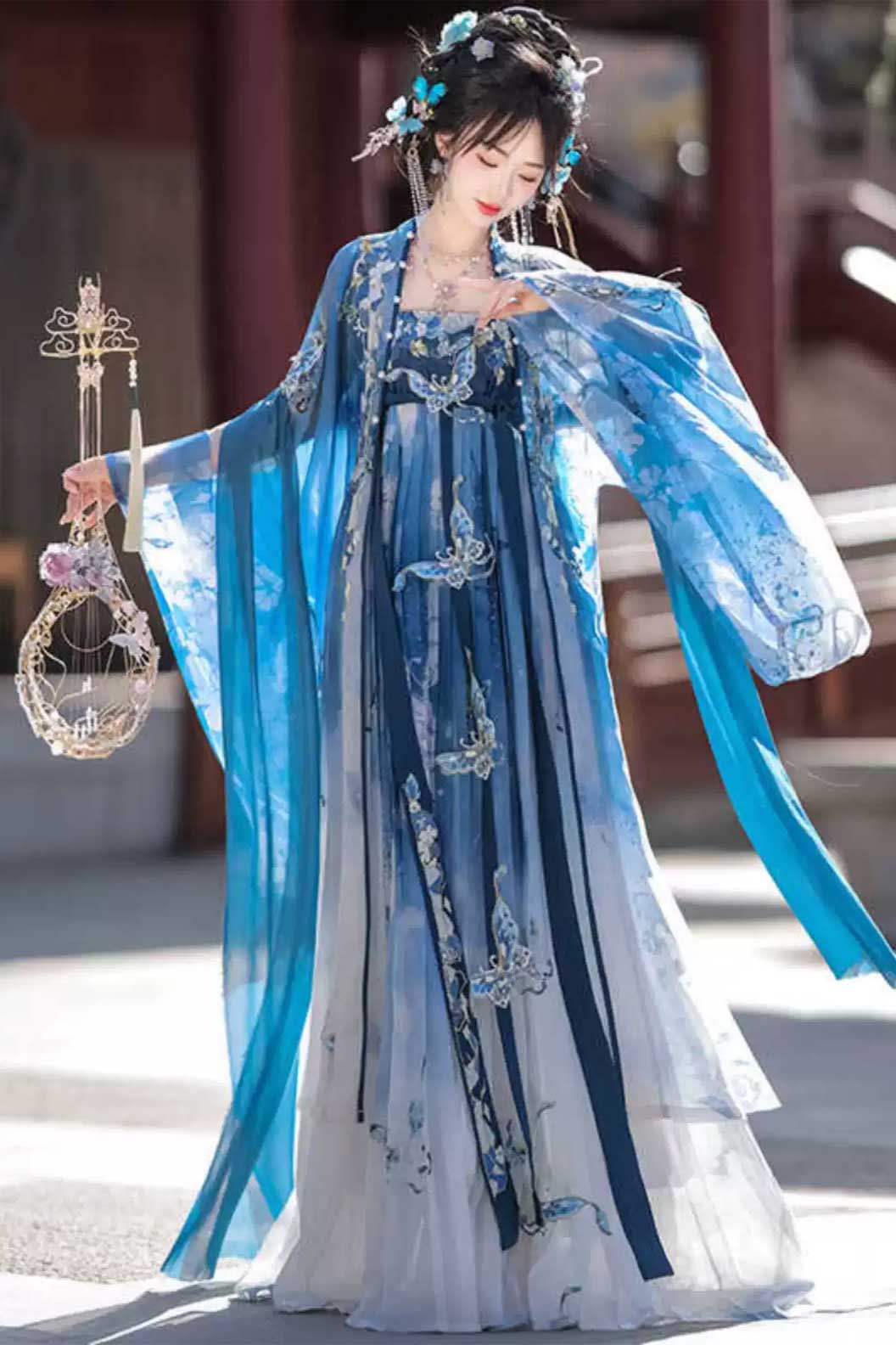 Tang dynasty hanfu blue print embroidery Kouzi skirt - cidiemeiren 瓷碟美人