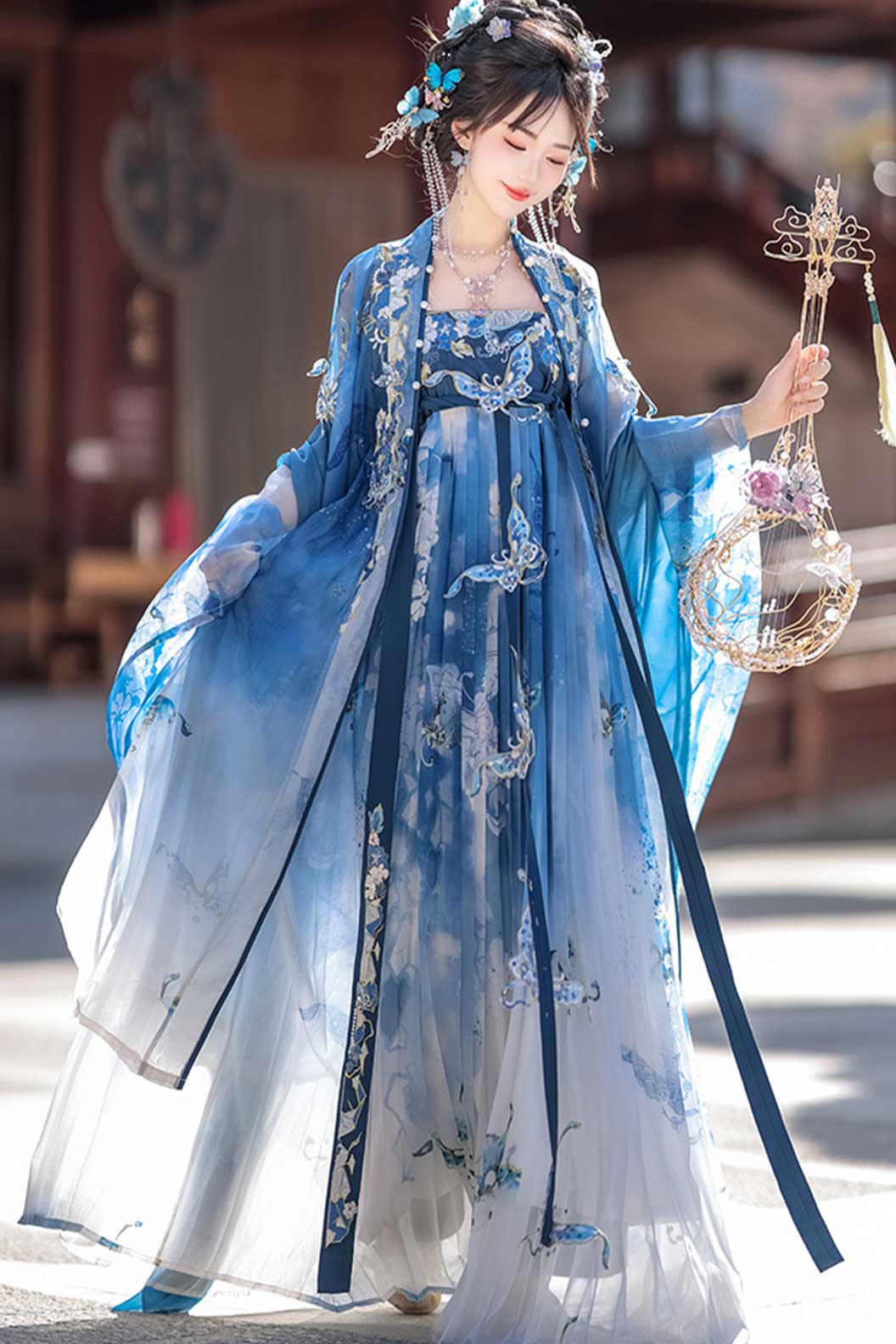 Tang dynasty hanfu blue print embroidery Kouzi skirt - cidiemeiren 瓷碟美人