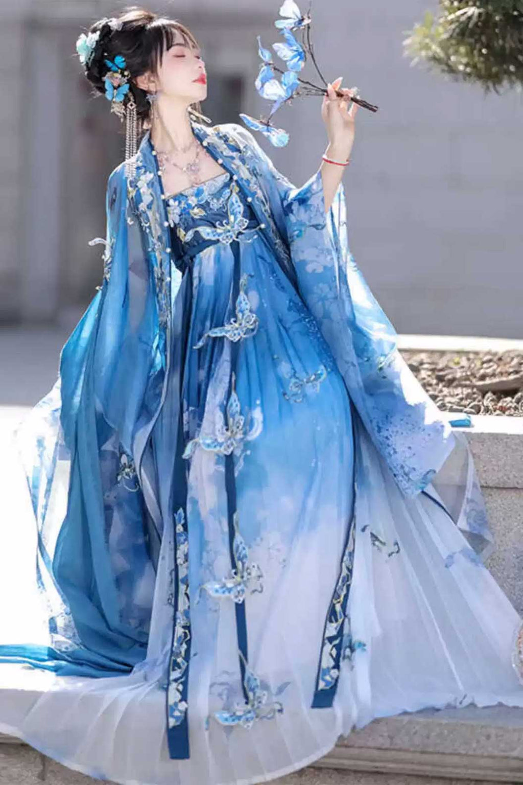Tang dynasty hanfu blue print embroidery Kouzi skirt - cidiemeiren 瓷碟美人